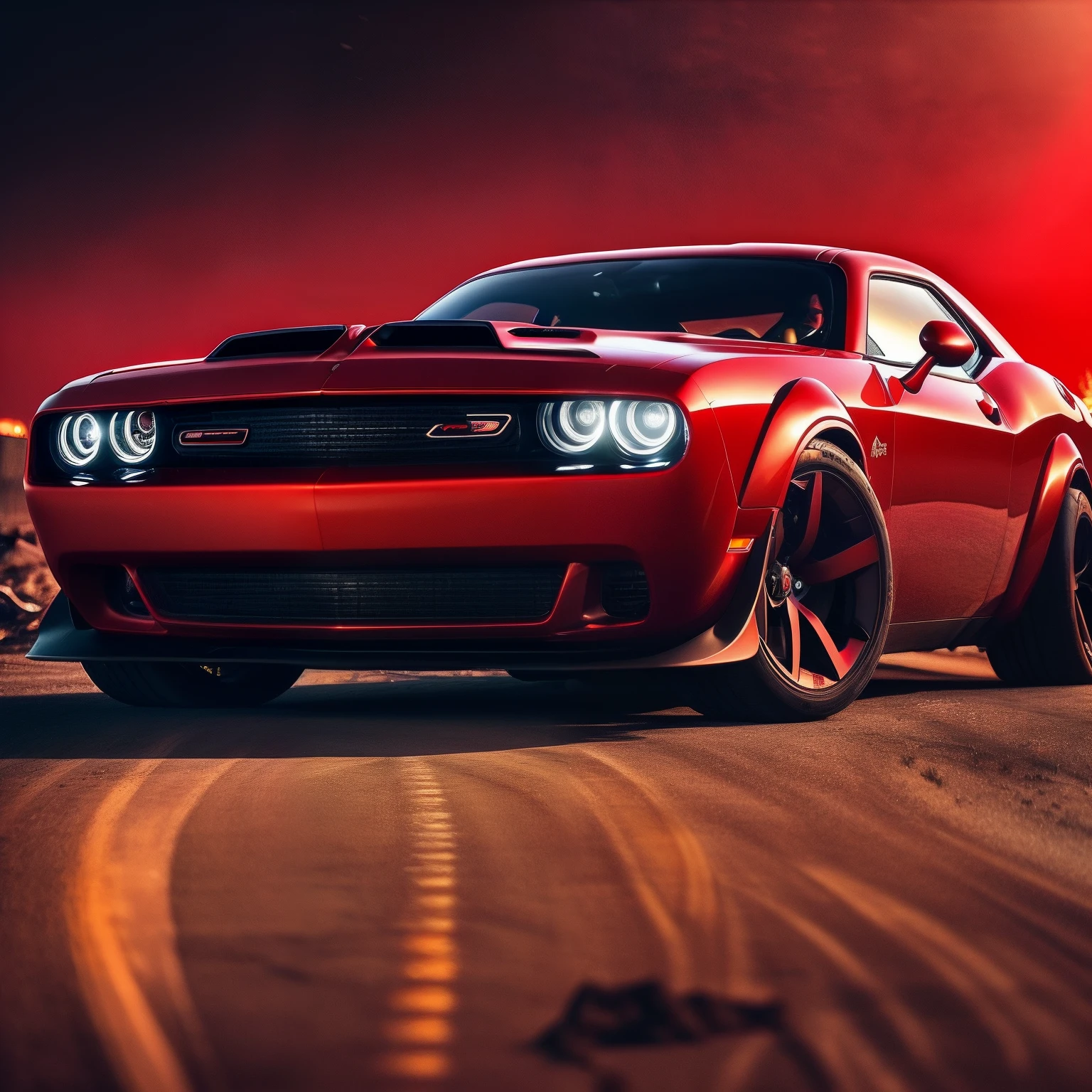 tmasterpiece，4k高清，Dodge Challenger Demon Photo，Red headlights ,Red，Muscle sports car，The demons，tires，shadowing，Cinematic lighting，Turn on the headlights，telephoto lenses，Wasteland，nigth，Wallpaper level，hdr，Beyond a Bugatti，racer