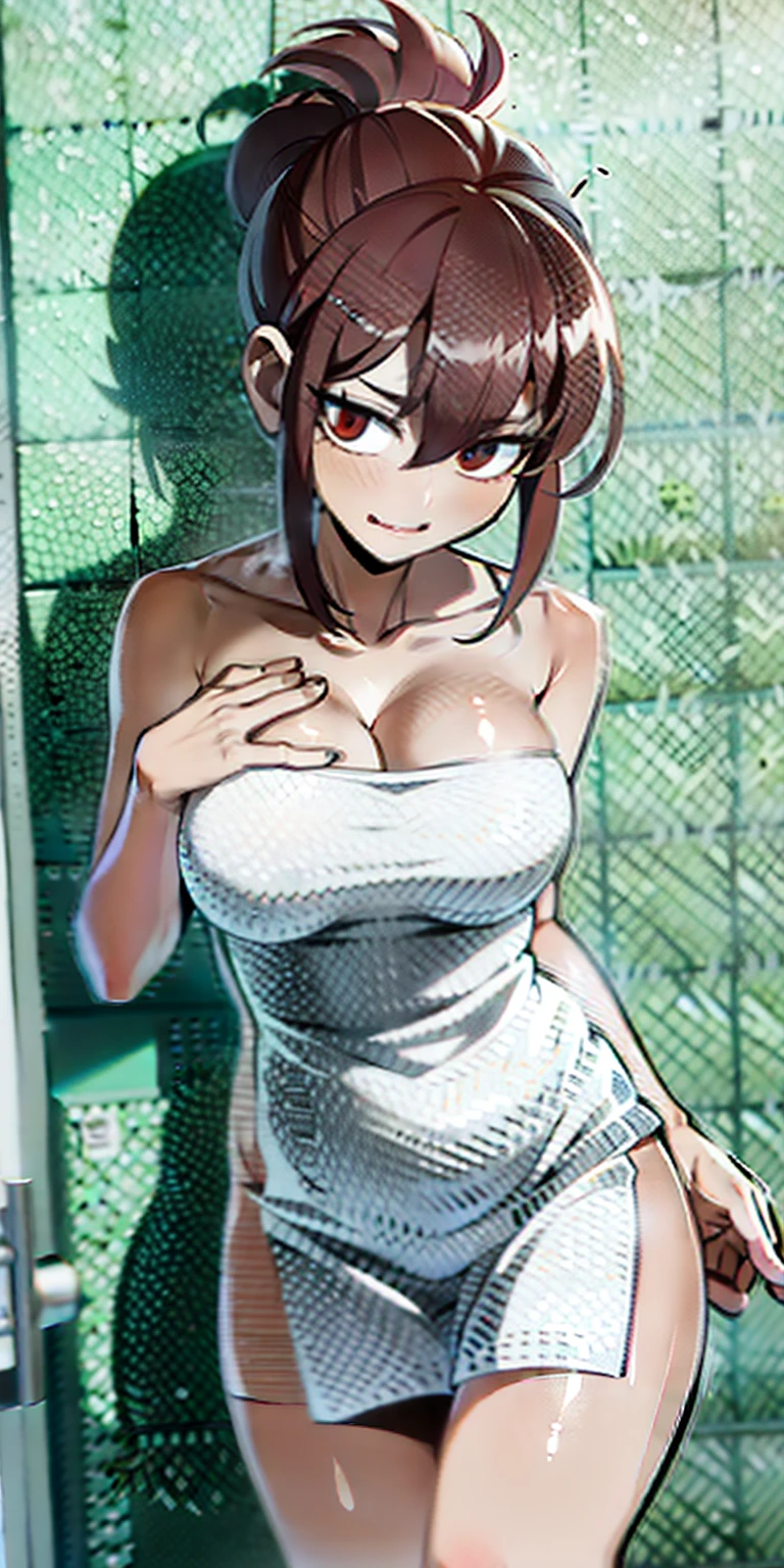 Big-breasted beauty wrapped in a towel The towel is about to fall out Walk out of the bathroom Mist pours out from behind her fair skin Fair long legs Expression shy Movements twist and pinch Hold the towel tightly with your hand