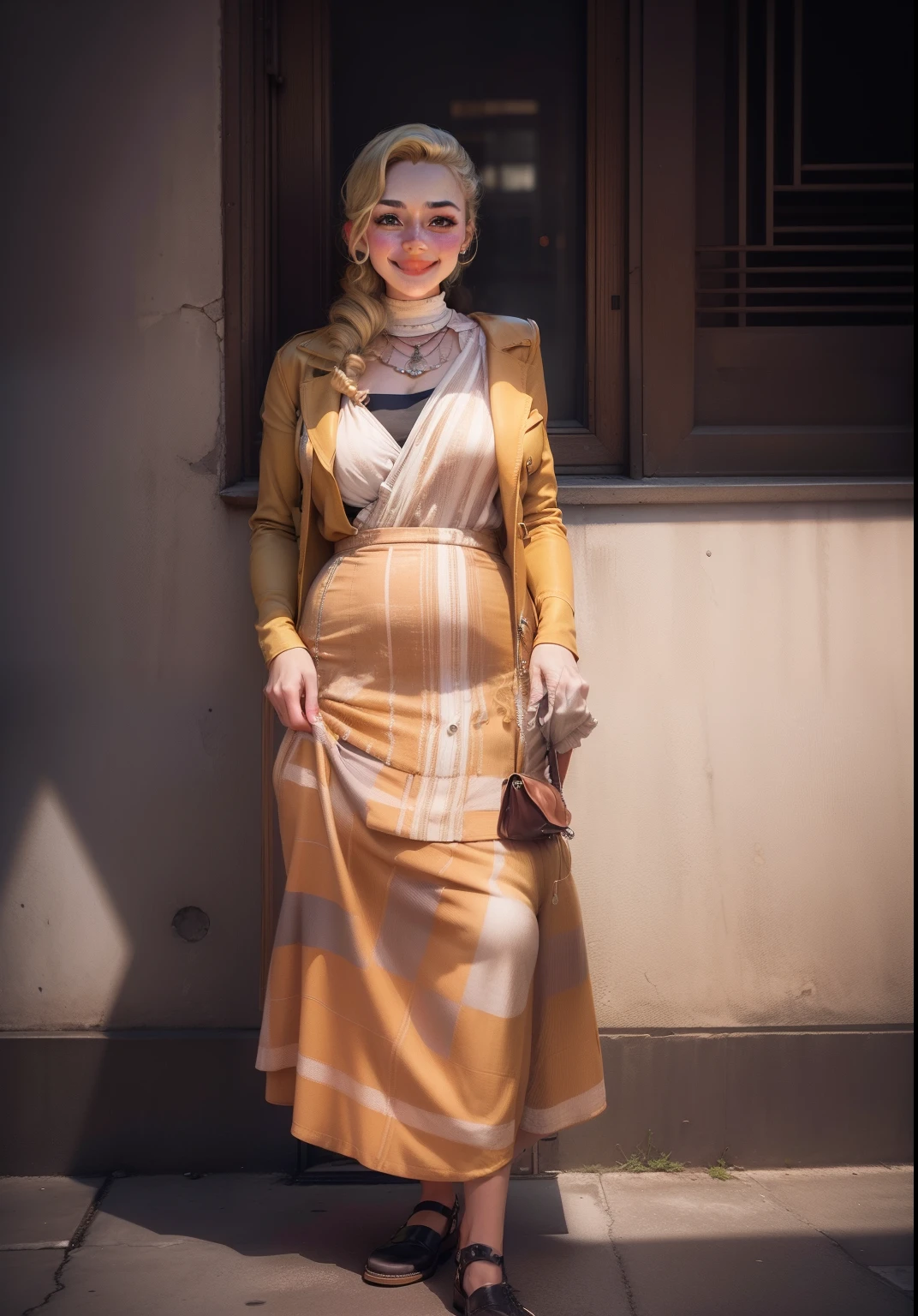 Portrait of an 18-year-old short curly blonde girl wearing 50's jumpsuit, sorrindo, suada com colar e brincos , 8K Ultra realista, in a city with several buildings, ensolarada