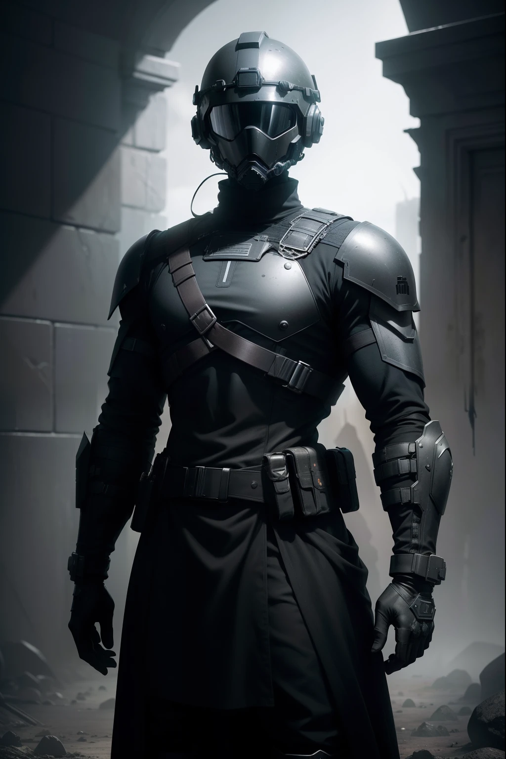 In this futuristic 8K and 3D representation, we are met with a soldier in a relaxed stance, staring out into the foreboding horizon. The soldier's attire is predominantly black, tinged with striking hints of orange, creating a daring and ominous contrast. Their face remains obscured beneath an intricately sculpted helmet, which adds an aura of mystery to the scene.
The background is immersed in a profound darkness, casting a somber and oppressive atmosphere upon this high-resolution three-dimensional depiction. The shadows deepen, accentuating the soldier's enigmatic and unflinching visage, ready to confront the unknown and the horrors concealed within the depths of the future.