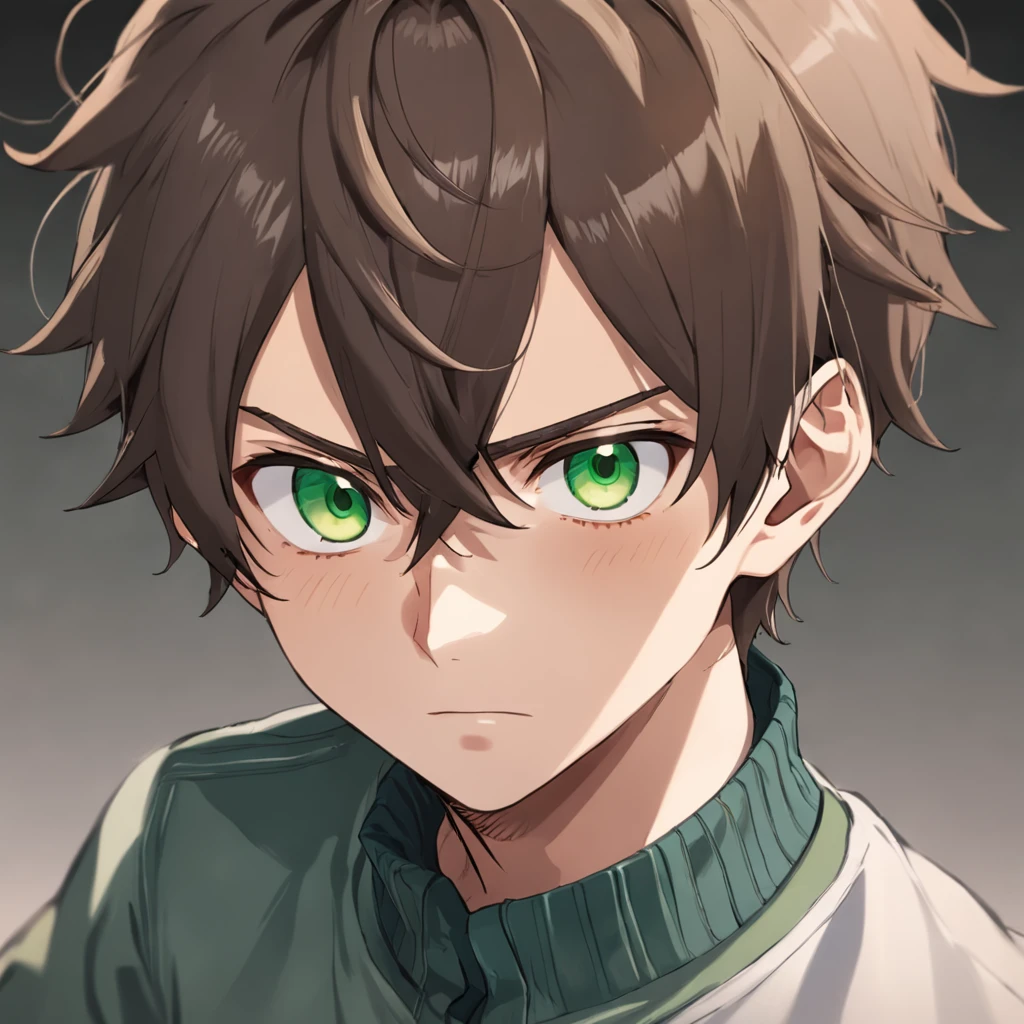 atormentado, stand, garoto, demonio, desiludido, Anime boy with brown hair and green eyes looking at the camera, cabelo cacheado, dead expression, Nice realistic portrait, anime semi-realista, detailed anime soft face made by anime painter studio, Retrato anime do homem bonito, realistic anime art style, arte cg anime suave, anime de rosto de alto detalhe, anime semi-realista, estilo anime semi-realista, Retrato estilo anime, homem alto do anime com olhos mel, A man in this 30's, terno marrom escuro, Sorriso leve, Restolho de 3 dias, Tiro de cabelo castanho desbotado, olhos verdes, topo da cintura, Standing in a 19th century study. Young man with green eyes in anime version with: • Early intelligence and ability to learn fast. • Observant and attentive to details. • Ability to concentrate and solve mathematical problems. • Tendency to repress feelings and keep them to themselves. • Persistence in the search for validation and social connection. • Perception that negative experiences have affected your self-image. • Feeling disillusioned and loss of meaning in life. • Search for extreme experiences to fill an emotional void. • Difficulty establishing healthy relationships due to feelings of inadequacy. • Internal conflict between the desire to act and the inaction resulting from fear or insecurity.