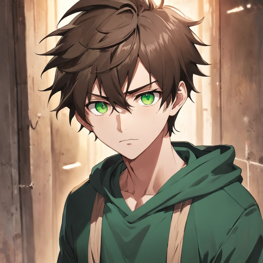 Stalker maniac, brown hair, green eyes, sinister, man, hoodie