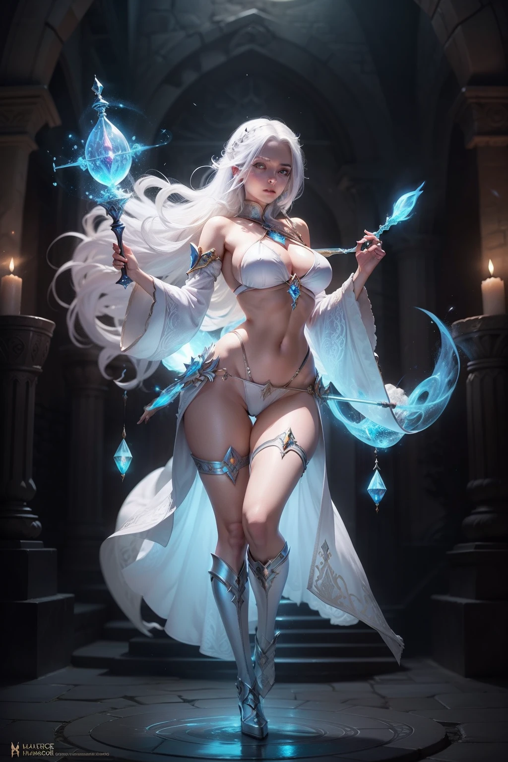 white haired female battlemage with hourglass figure and magical staff in bikini, magical tome floating above hand