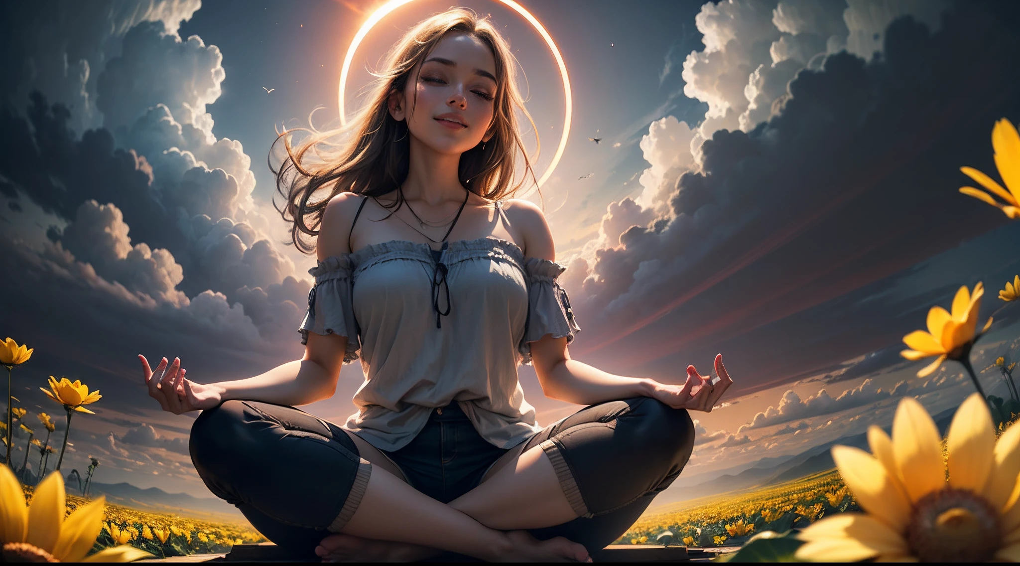 Surrounded by a golden circular halo, Woman sitting cross-legged on a huge golden lotus flower meditating in meditation, Frontal image of the vista, clouds, lifelike texture, happy laughing, (extremely detailed CG unity 16k wallpaper:1.1), ((ultra-detailed)), cinematic angle, beautifully detailed sky, cinematic lighting, (bloom), drop shadow, panorama, wide shot, (((best quality))), (((masterpiece)))