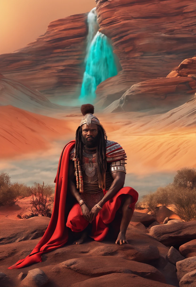 imagine Uma versao animada em 3D no estilo da Pixar realista de Foto de arte mais bonito do mundo, Xangó , The African Orisha, homem forte,roupas vermelha ,Orisha of the justice of the men of Thunder ,vermelho, olhar suave, cosmic god,impressionismo,Afrofuturista