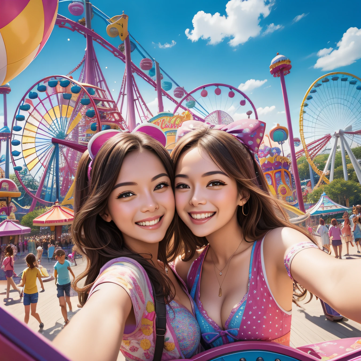 Close-up of happy people at The most beautiful and fun amusement park, colorful, happiness, highly detailed, perfect composition, amusement park advertisement, lots of details