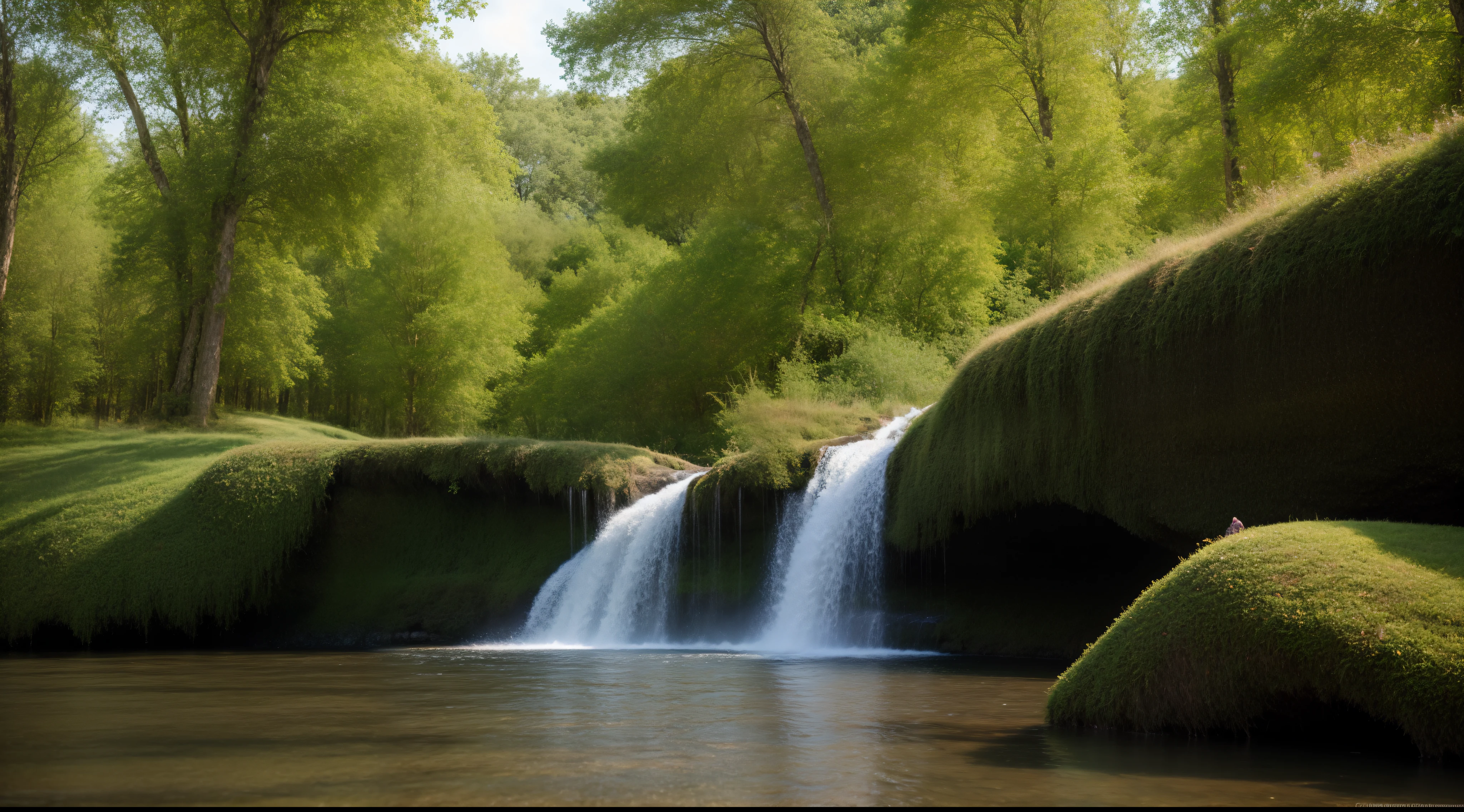 wide shot, hyper realistic photography, hyper realistic image, professional wide shot (landscape) scenic photography, perfect point of view, highly detailed, wide angle lens, hyper realistic, with dramatic sky, polarizing filter, natural lighting, vivid colors, all in focus sharp, HDR, UHD, 64K, a waterfall at night, perfect point of view, highly detailed, wide angle lens, realistic, with a dramatic sky, polarizing filter, natural lighting, vivid colors, everything in focus, falling into a hyper beautiful lake and heavenly in the middle of the thickness of a magical forest, many big and old trees with moss and lianas