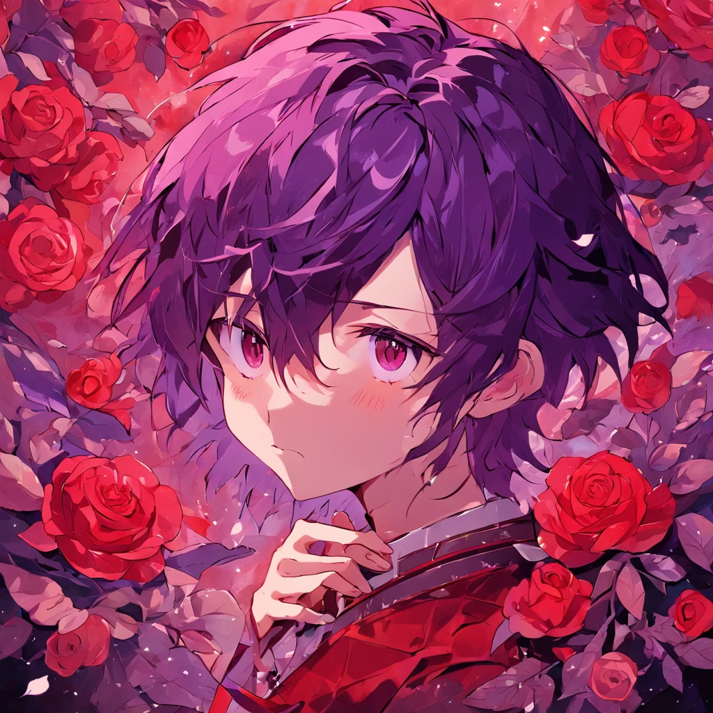 (red roses background:1.4),(Silhouette of a boy's head, Eyes closed, purple-black colored hair, Oriental elements)，(Chinese illustration:1.3，paper art:1.3, Quilted paper art:1.2),( reasonable design, Clear lines, High sharpness,Best quality, Very detailed, Masterpiece, movie light effect, 4K )