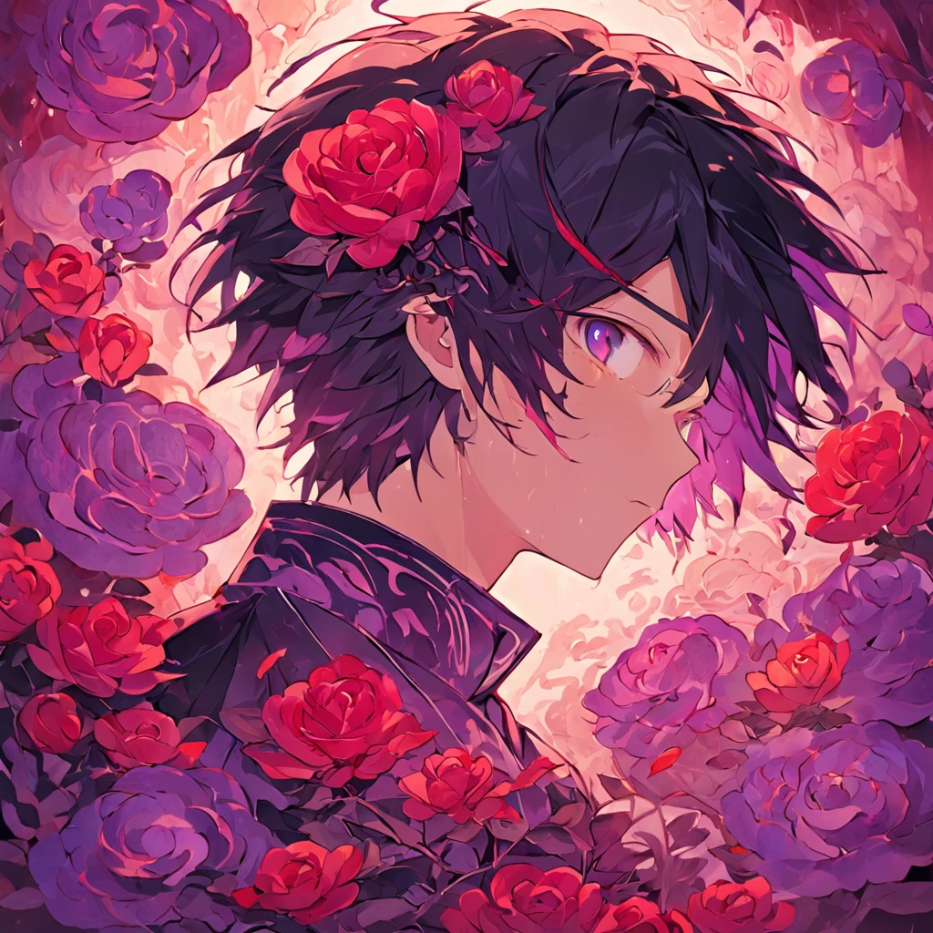 (red roses background:1.4),(Silhouette of a boy's head, Eyes closed, purple-black colored hair, Oriental elements),(Chinese illustration:1.3,paper art:1.3, Quilted paper art:1.2),( reasonable design, Clear lines, High sharpness,Best quality, Very detailed, Masterpiece, movie light effect, 4K )