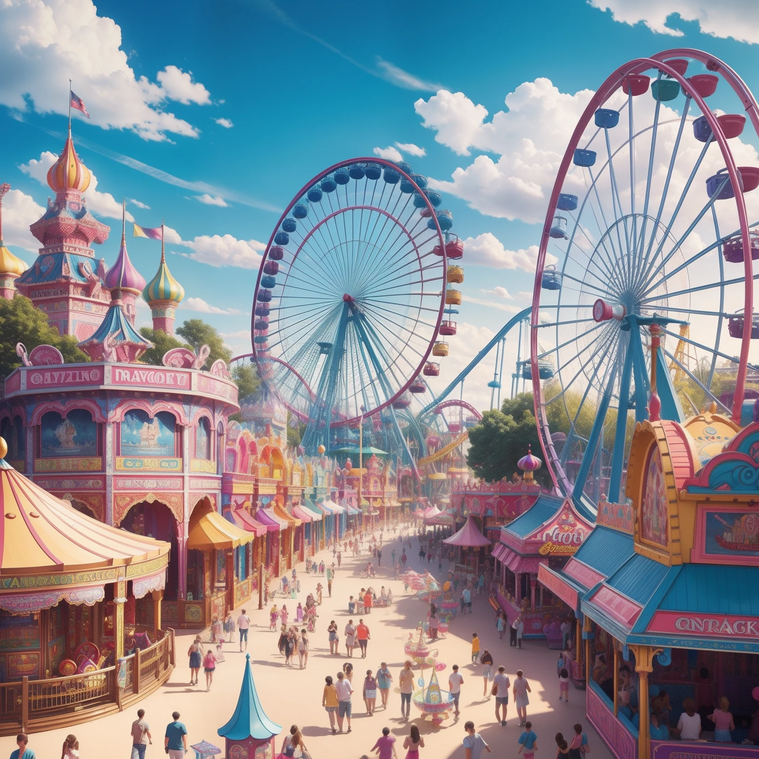 The most beautiful and fun amusement park, colorful, happiness, highly detailed, perfect composition, amusement park advertisement, lots of details