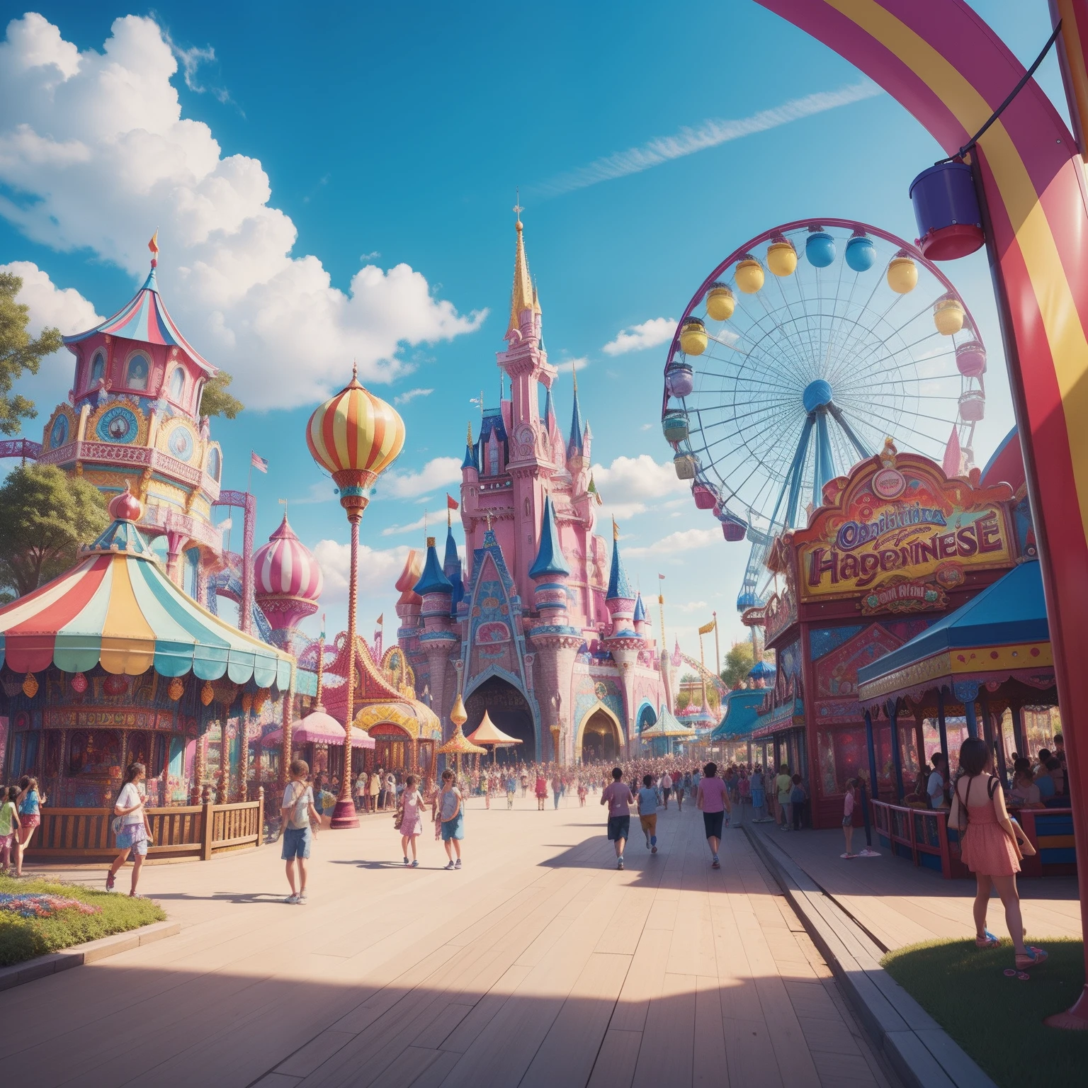 The most beautiful and fun amusement park, colorful, happiness, highly detailed, perfect composition, amusement park advertisement, lots of details