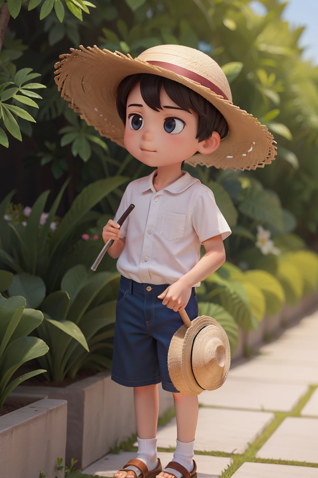a boy with a straw hat
