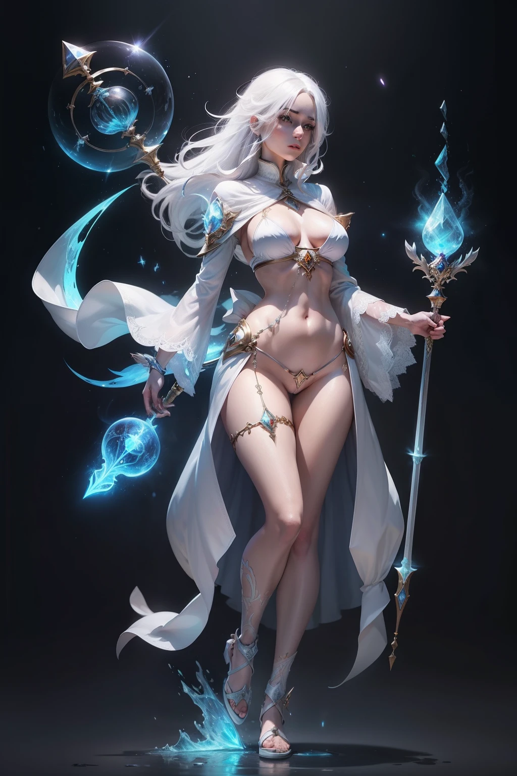 white haired female battlemage with hourglass figure and magical staff in bikini, magical tome floating