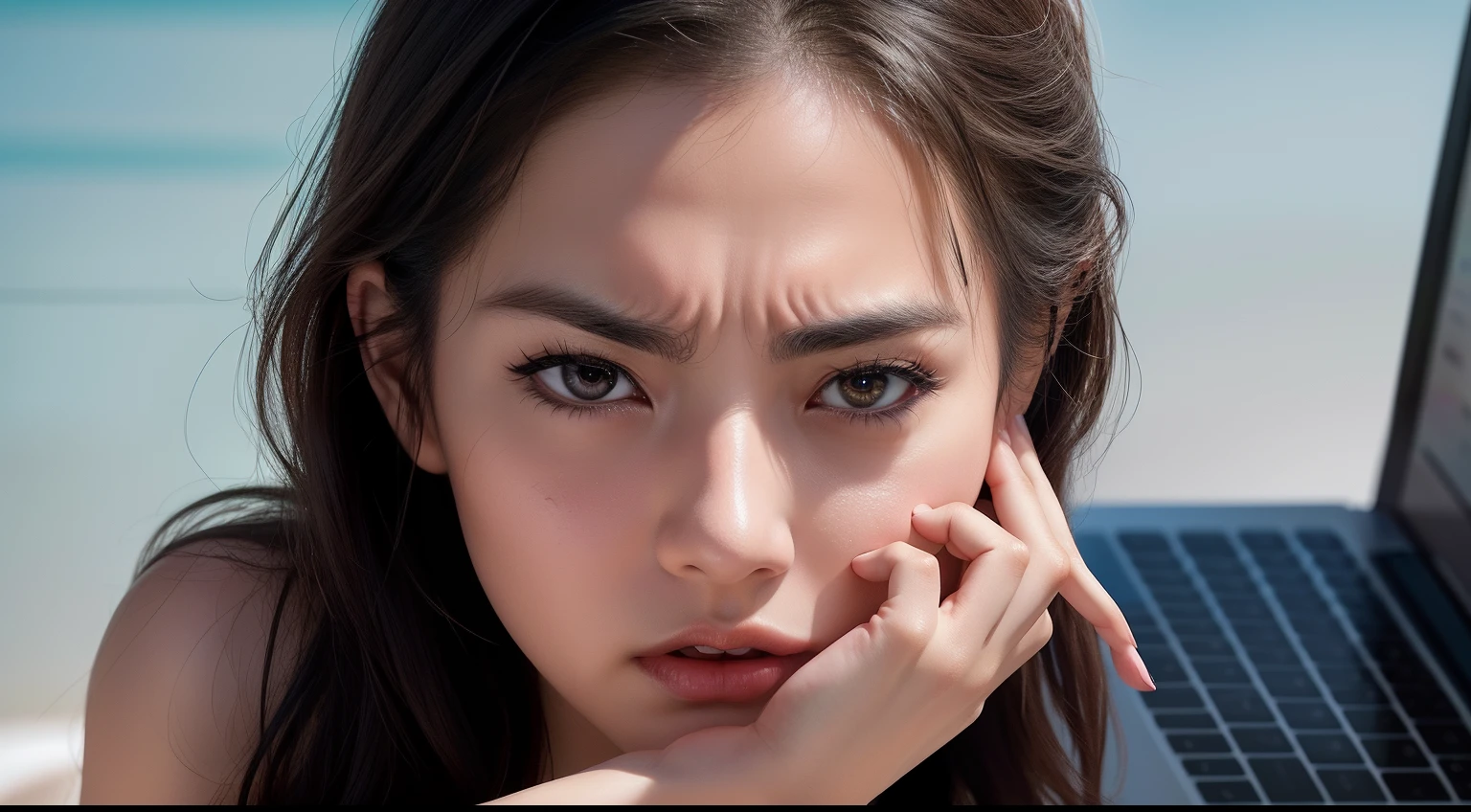 high-level image quality、Beautiful woman angry and wrinkles between her eyebrows、(Glaring at the laptop screen at close range)