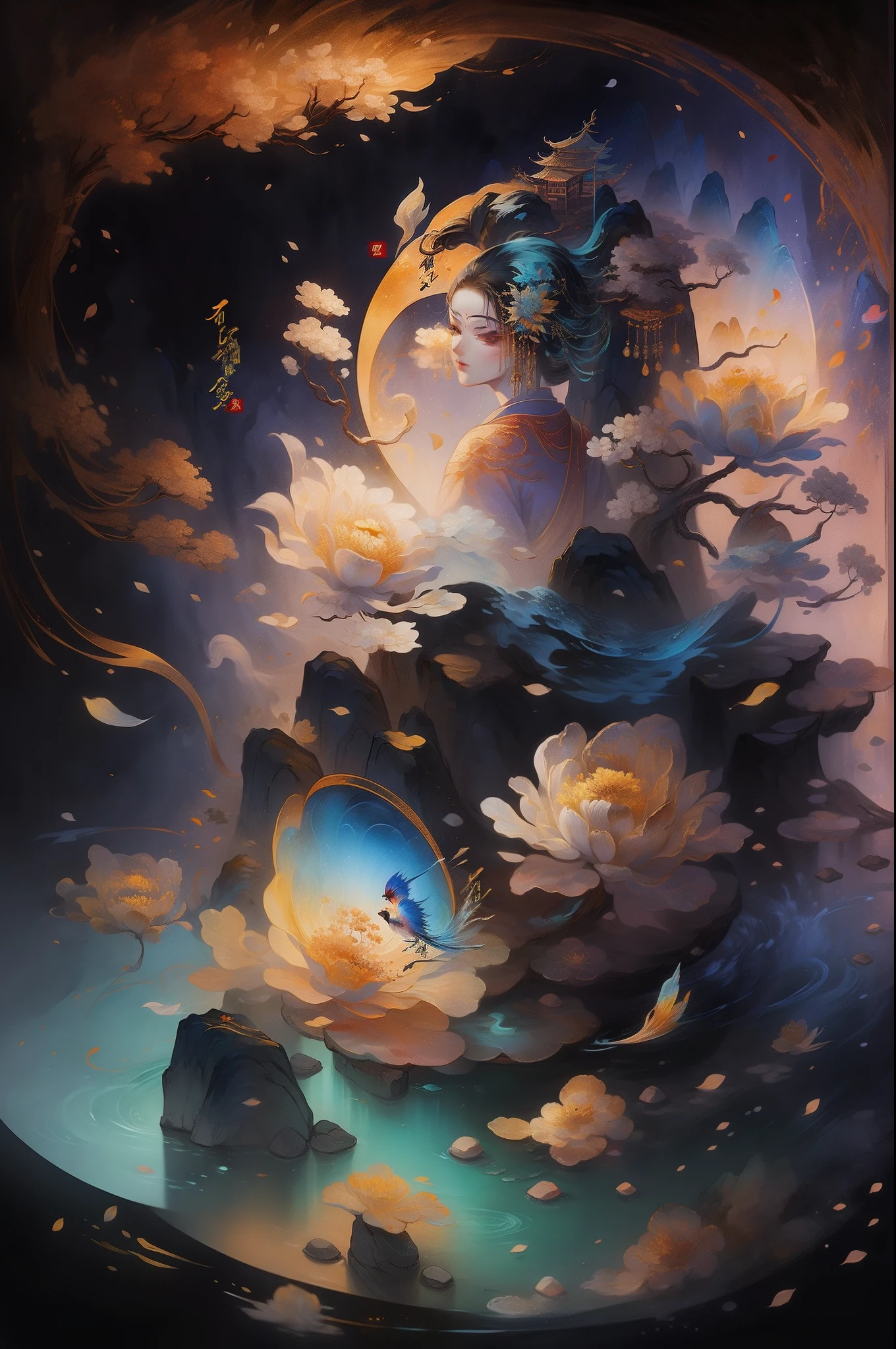Chinese painting and calligraphy,Ancient Chinese landscapes,Nuwa makes up the sky,Bright colors,High exposure,High sharpness