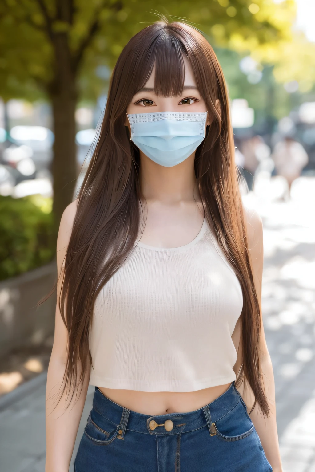 1girl, young female, photo, realistic, best quality, hires, detailed face, long hair, untied hair, detailed background, diffused sunlight, depth of field, Tokyo City, Asian Female, wearing face mask, brown hair, brown eyes, midriff, bangs