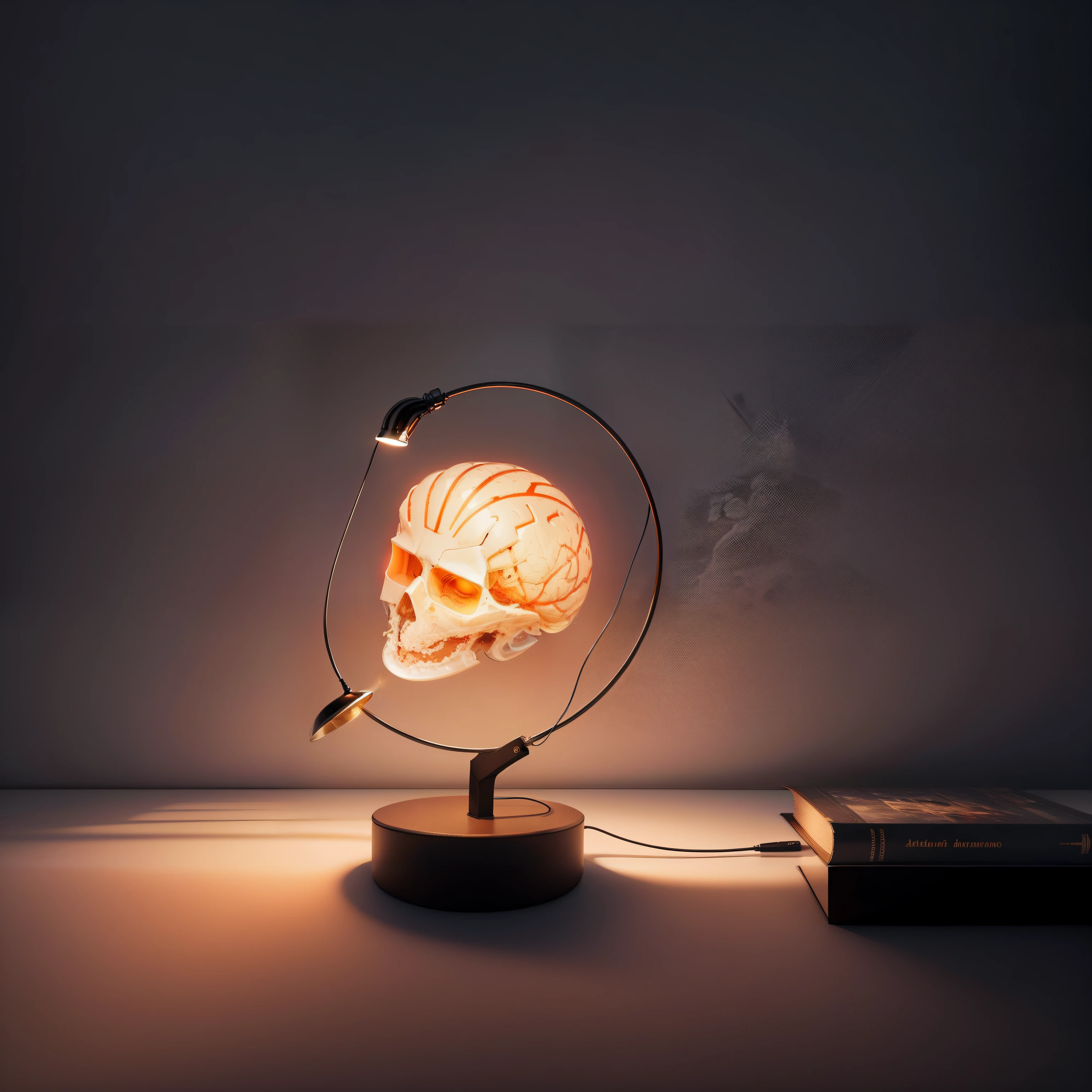 there is a skull lamp that is on a table, there is a skull over a table, made of glowing wax and ceramic, detailed glowing head, surreal lighting, skull on the screen, warm ambient light, glowing internal light, 3 d render even lit, brain connected to computer, neuroscience, hyperrealistic illustration, surreal design, stunning volumetric lighting, intriguing lighting