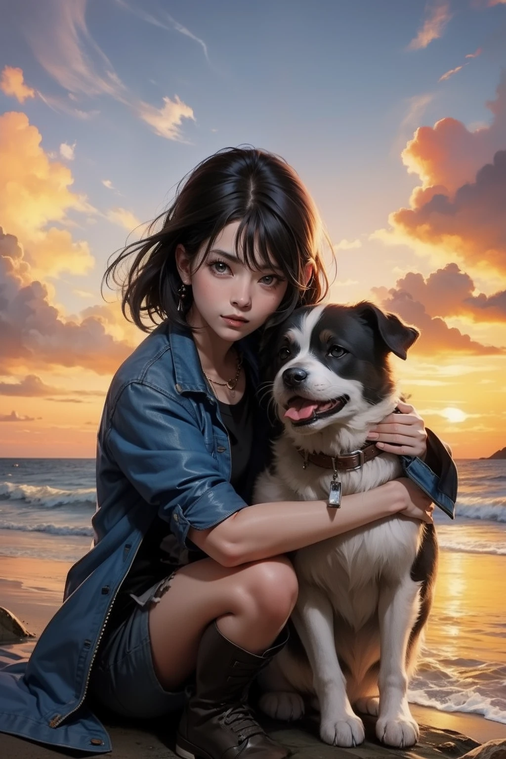 realistic image of a very cute puppy protecting a chick from the rain, 3d