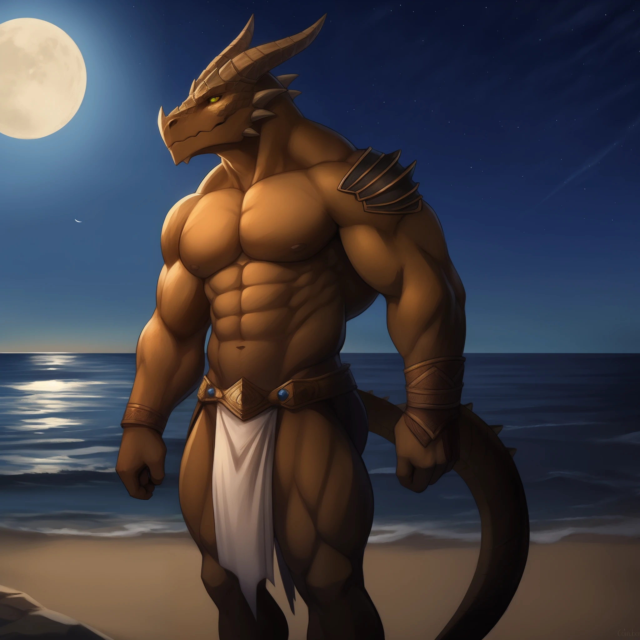 A muscular male dragonborn stands by the sea at night，The loincloth has a huge genital profile