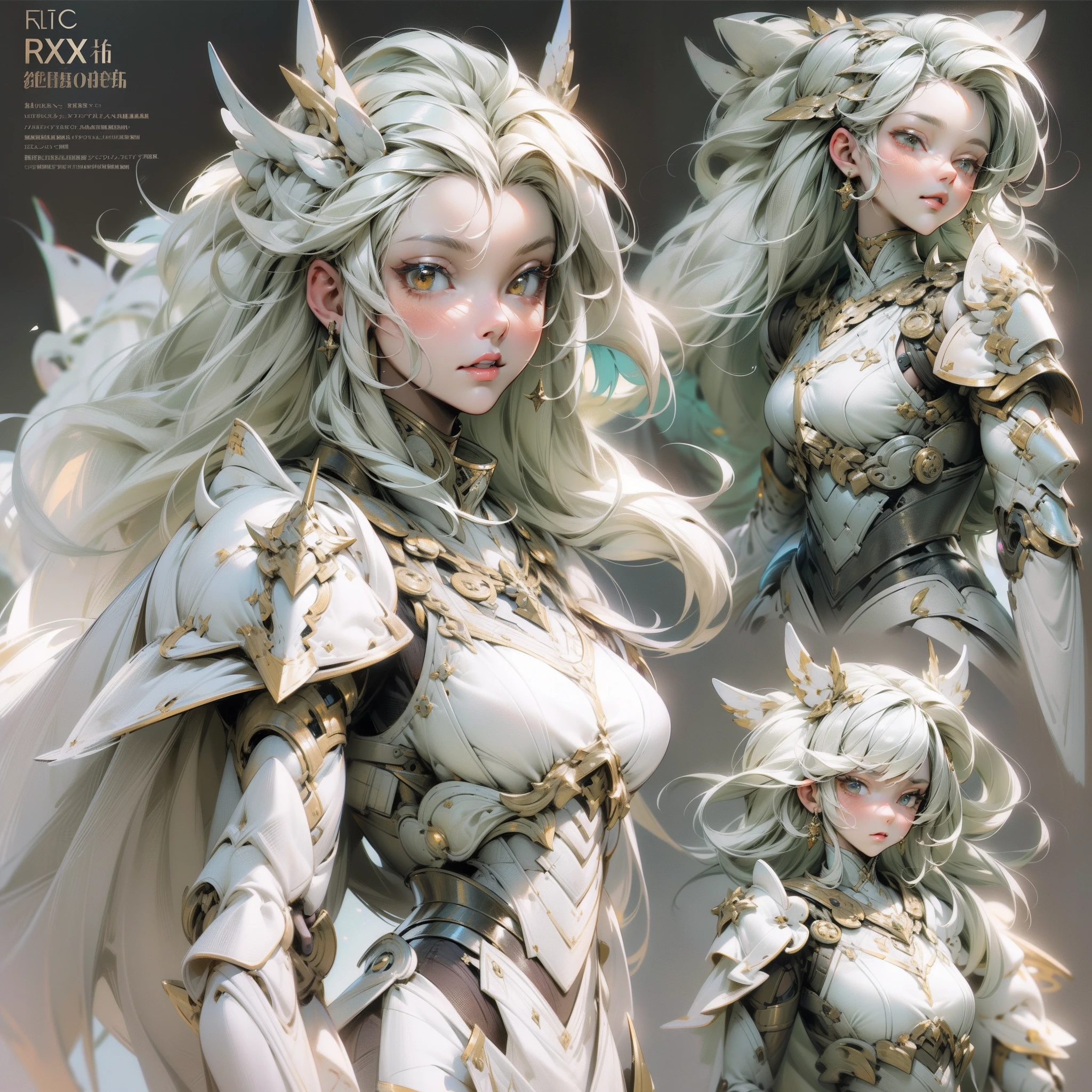 ((Masterpiece, Highest quality)), Detailed face, CharacterDesignSheet,full bodyesbian, Full of details, Multiple poses and expressions, Highly detailed, Depth, Many parts,beuaty girl,cinmatic lighting,with light glowing,Armour,White robes