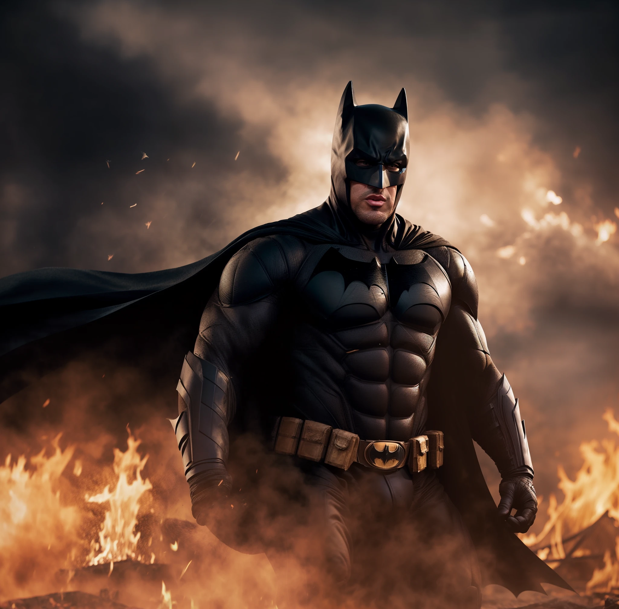 Batman in a dark suit in front of a fire, O Batman, Filme ainda do Batman, Retrato do Batman, Retrato de Batman, Dwayne Johnson como Batman, Ryan Renolds como Batman, Do filme Batman, Jason Statham como Batman, Batman, portrait batman ancient biblical, in batman movie still cinematic, Ryan Reynolds como Batman, Sylvester Stallone como Batman