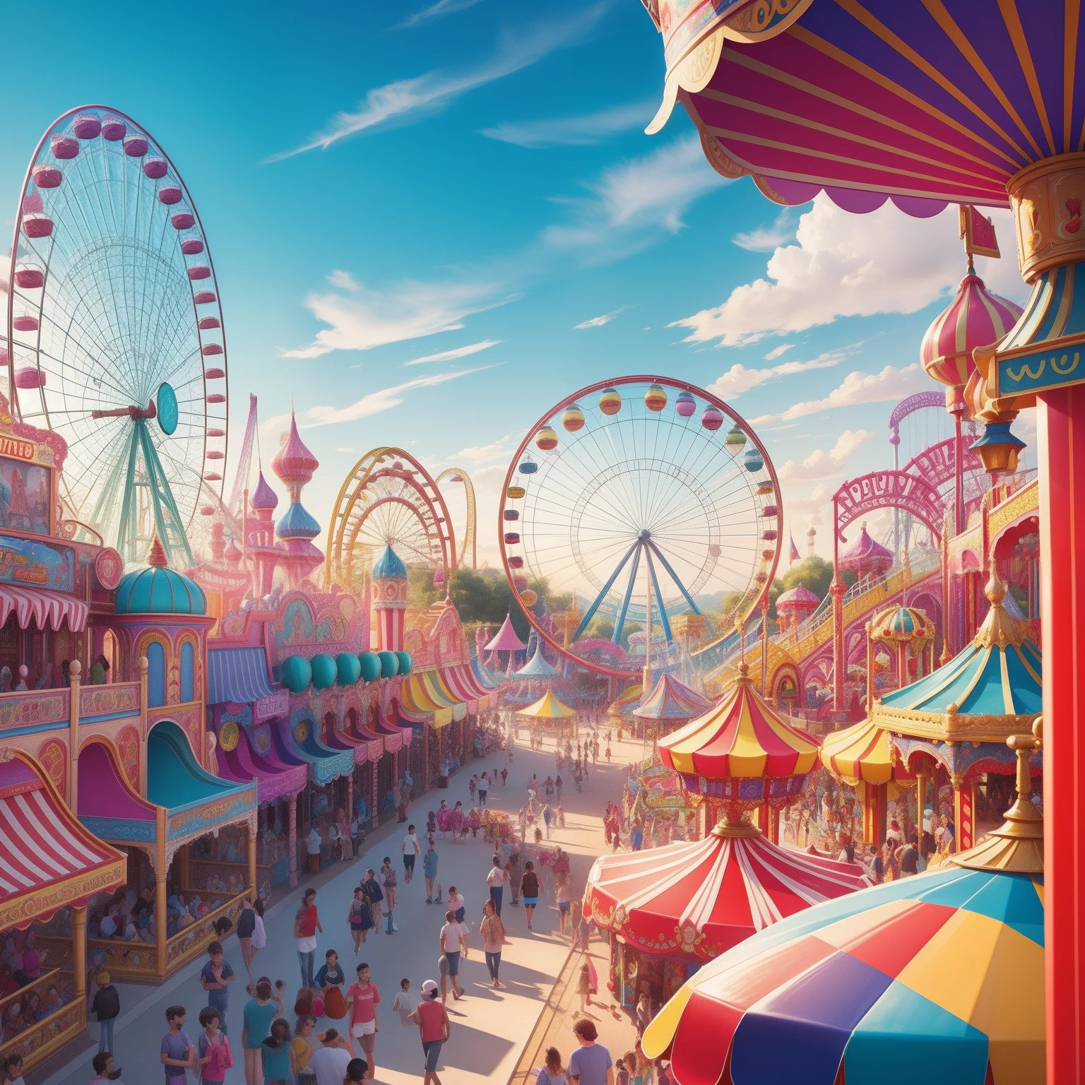The most beautiful and fun amusement park, colorful, happiness, highly detailed, perfect composition, amusement park advertisement, lots of details