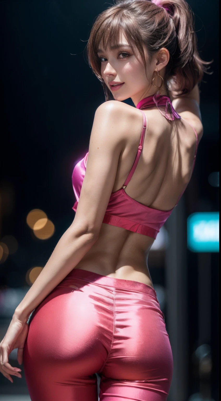 8K, Masterpiece, RAW photo, Best quality, Photorealistic, Extremely detailed Cg Unity 8K wallpapers, Depth of field, Cinematic light, Lens flare, Ray tracing, (Extremely beautiful face, Beautiful lips, Beautiful eyes), intricate detail face, ((ultra detailed skin)) 1girll, In the dark, deepshadow, Pretty Korean girl, Kpop idol, 1 girl, (Very slim and slender muscular body:1.3), ((view the viewer)),(Big smile:1.3), (Tight lace-up blouse), (Pink shirt), (Sleeveless) , (Fashion night, Dark night, (neon lights sign), (Blurred background), Fashion Street Night),(No one is in the background:1.3), Beautiful earrings, bangle, necklace, Pantyhose, Clear eyes, (Pale skin), (Big eyes), Face forward, ((upperbody shots)), ((Silk hot pink pants:1.3)),(brown hairs),((Skinny silk pants)), (see through), (view the viewer:1.3) open breast, Very slim, Medium breasts, Turn Back, Back shot, ((see through)), underwear, Turn Back, ((Back shot))