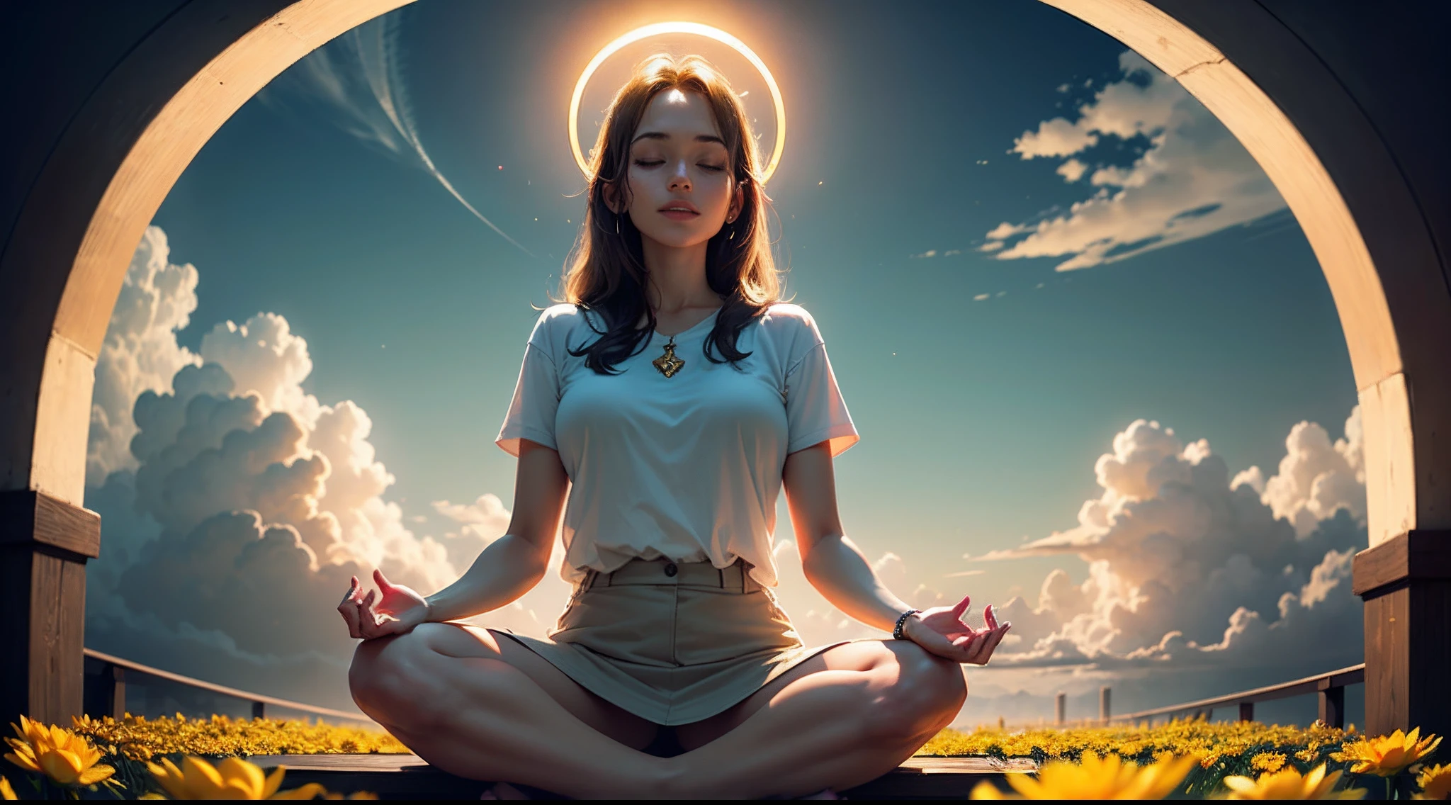 Surrounded by a golden circular halo, Woman sitting cross-legged on a huge golden lotus flower meditating in meditation, Frontal image of the vista, clouds, lifelike texture, happy laughing, (extremely detailed CG unity 16k wallpaper:1.1), ((ultra-detailed)), cinematic angle, beautifully detailed sky, cinematic lighting, (bloom), drop shadow, panorama, wide shot, (((best quality))), (((masterpiece)))