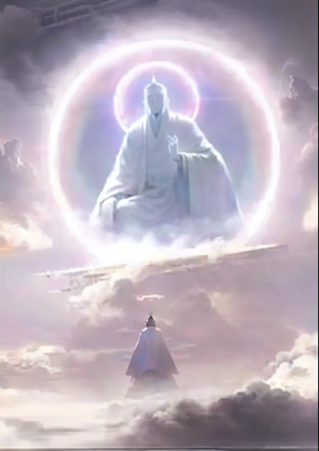 surrounded by cloud,The smoke is vast,Cranes fly,Surrounded by dragons。The giant statue stands in the clouds,Confrontation with a much smaller nun 。ancient Chinese style mythology。
