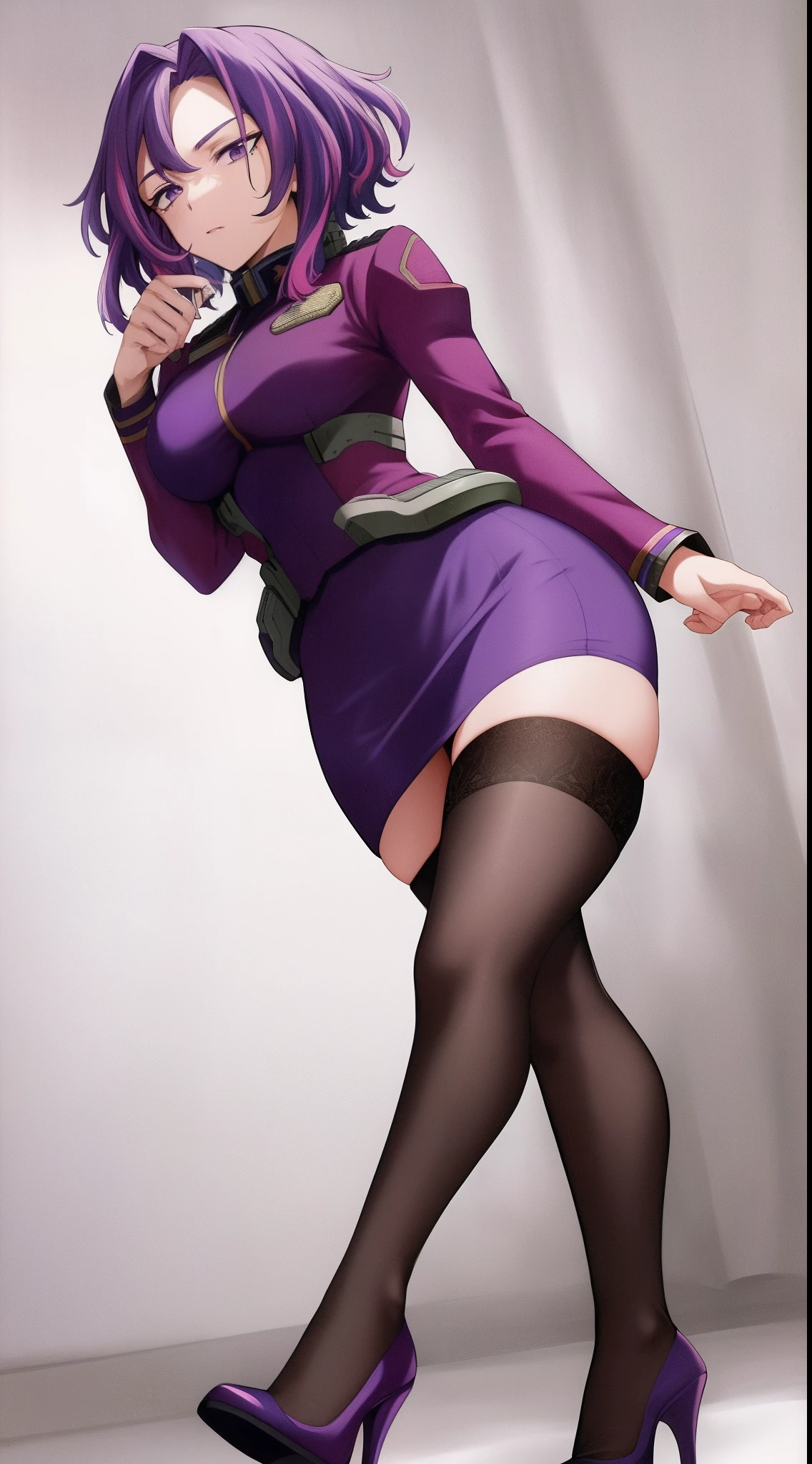 scan, (extremely detailed CG unity 8k wallpaper:1.1), highres, (1girl), lady nagant, boku no hero academia, (purple hair), (multicolored hair), (purple eyes), jacket, juliet sleeves, ascot, pencil skirt, thighhighs, high heels, full body, breasts