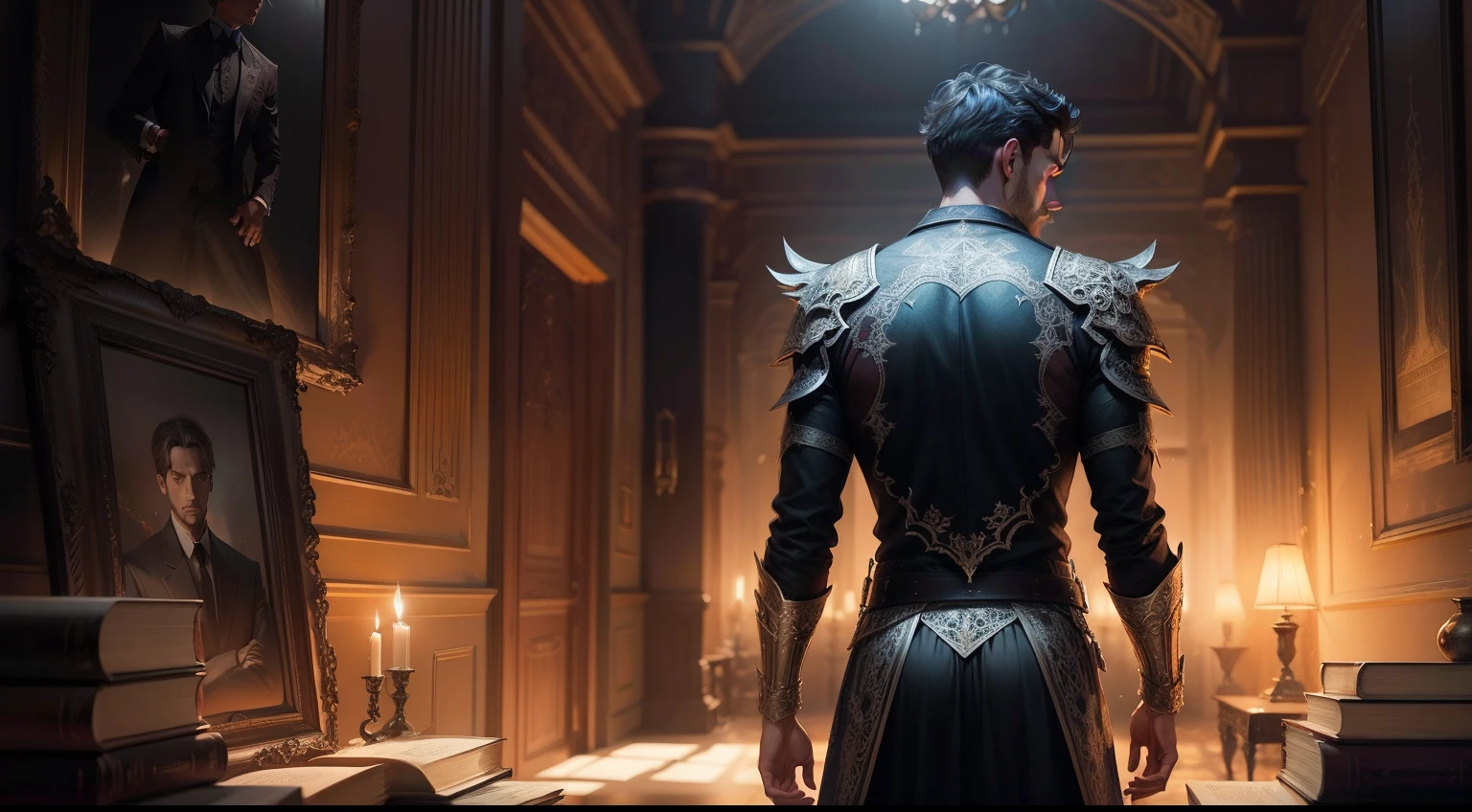realista (An illustration from a book) de (Inferno) , intricate composition , um detalhado, Epic lighting of a guy,The back is lonely,um detalhado,quarto,Inferno,overlapping,epic scenes