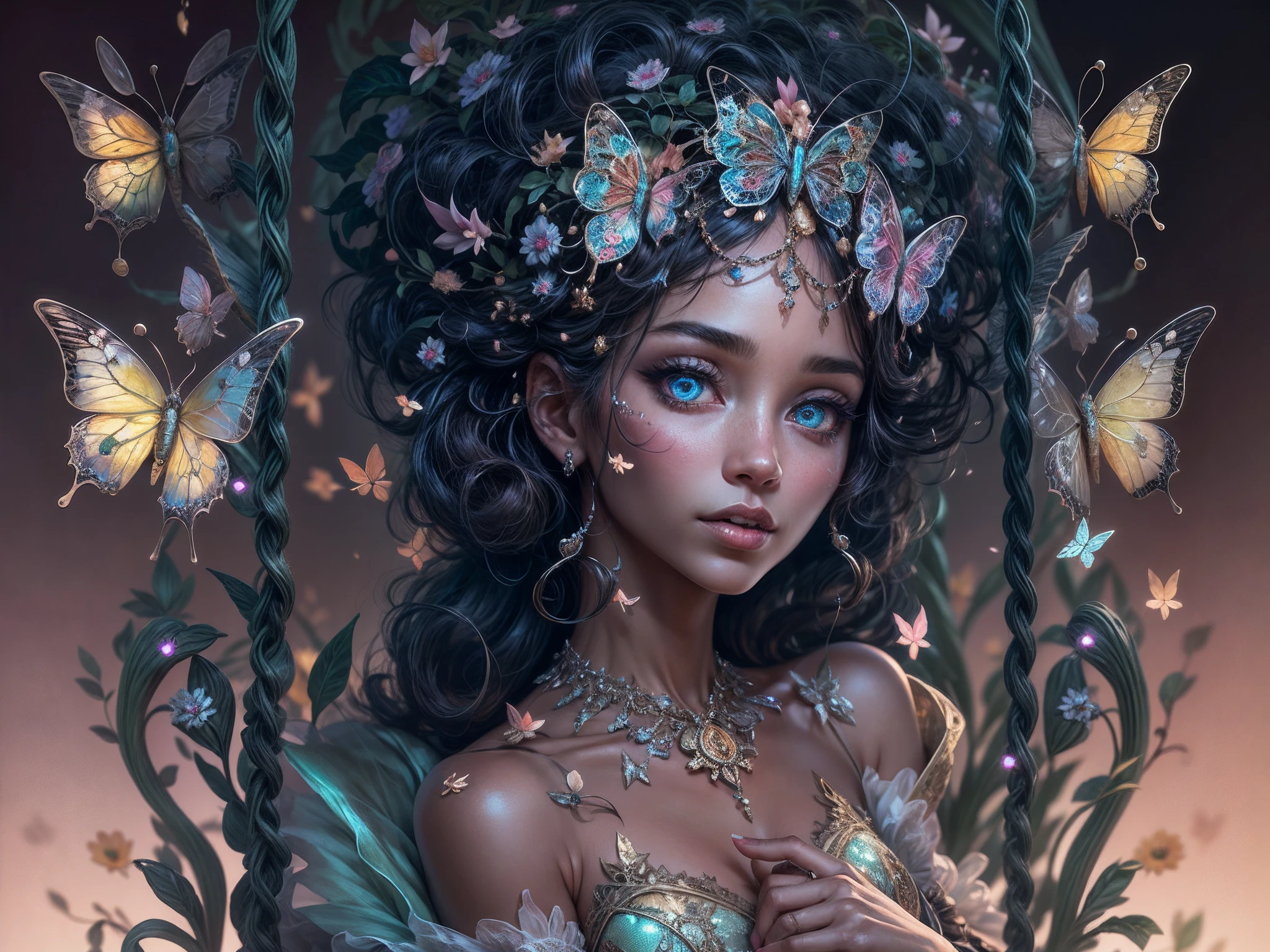 This is a realistic fantasy masterpiece with lots of shimmer, glitter, and intricate ornate detail. Generate one petite woman with a beautiful and delicate crown sitting on a garden swing at night. She is a beautiful and seductive butterfly queen with stunning curly black hair, (((incredibly realistic and detailed dynamic eyes in bright colors with realistic shading))).  Her skin is translucent white, her eyes sparkle, and her dress is elegant. Her dress is spun of the finest gossamer silk with delicate, intricate, and subtle floral detailing and gold silk butterfly sleeves. Her face is lovely and lonely. Include glow-in-the-dark flowers, lots of particles, highly realistic fantasy butteflies with translucent jewel-toned wings and fine detailing, and glow. The artwork is done in the style of Guviz and brings to mind masters in the genre such as trending fantasy works on Artstation and Midjourney. Camera: Utilize dynamic composition techniques to emphasize etherealness and delicate detail.