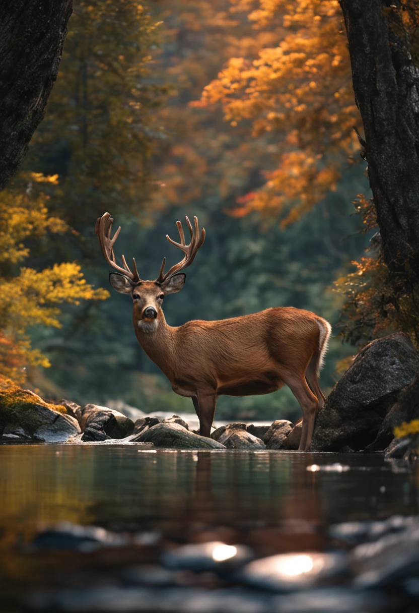 Unreal a deer drinking water from the river and a bear watching it