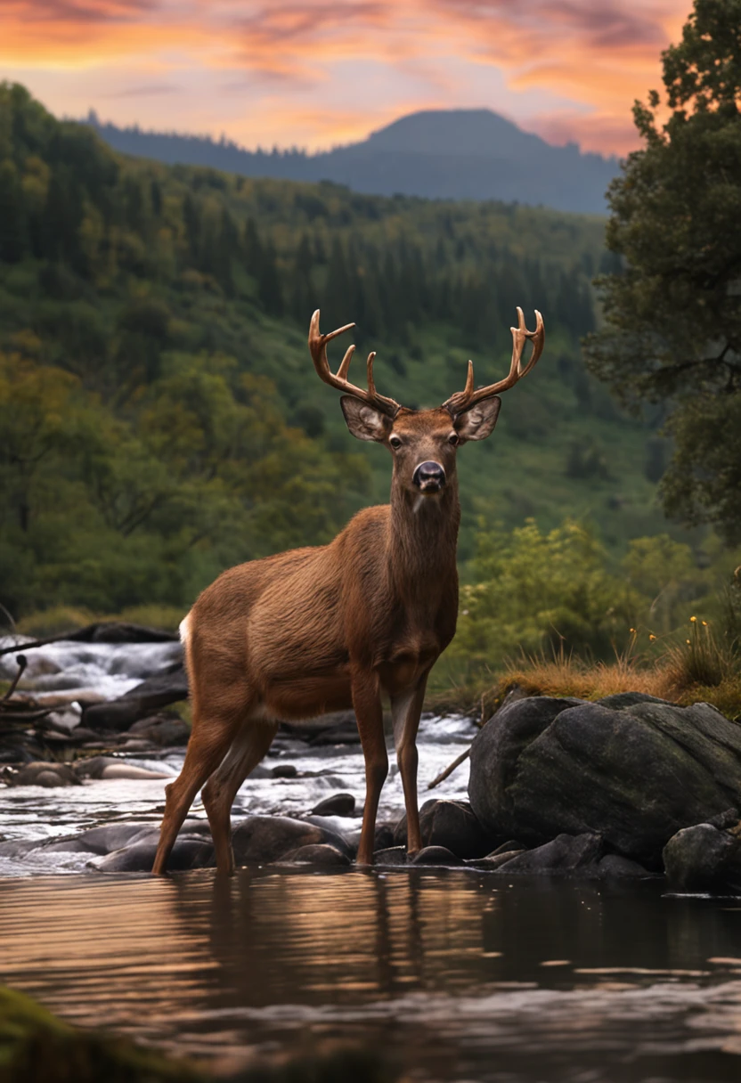 Unreal a deer drinking water from the river and a bear watching it