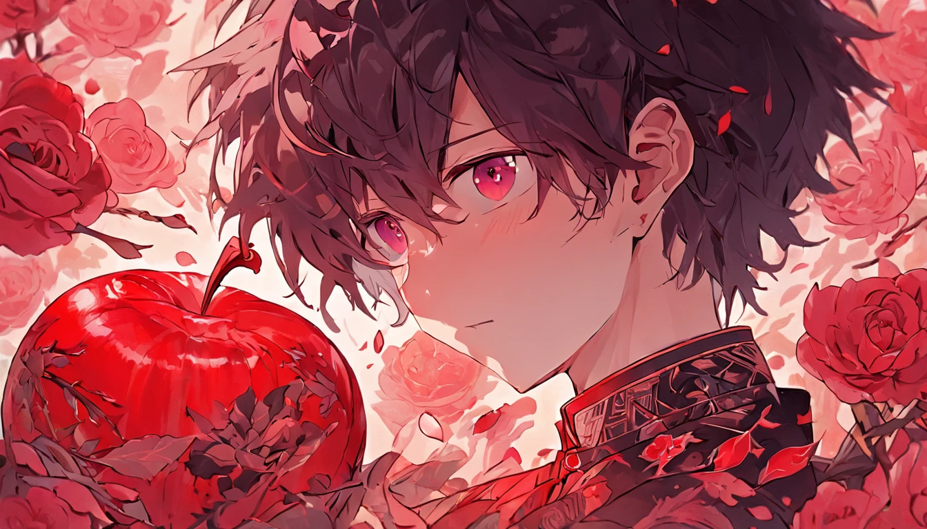 (Red roses background:1.4), (Silhouette of a boy's head, Eyes closed, purple black colored hair, 1 hand carry 1 red apple, Oriental elements),(Chinese illustration:1.3,paper art:1.3, Quilted paper art:1.2),( reasonable design, Clear lines, High sharpness,Best quality, Very detailed, Masterpiece, movie light effect, 4K )