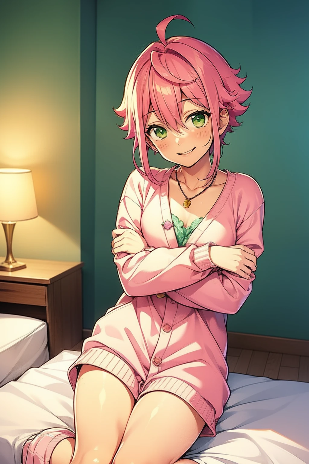 green eyes, happy smile. pink hair, tori himemiya, pretty boy, pink hair, green eyes, pretty, lying on bed, cute clothes, cute boy, sweet, kawaii, pink core, pink, hugging plush, plushie, young boy