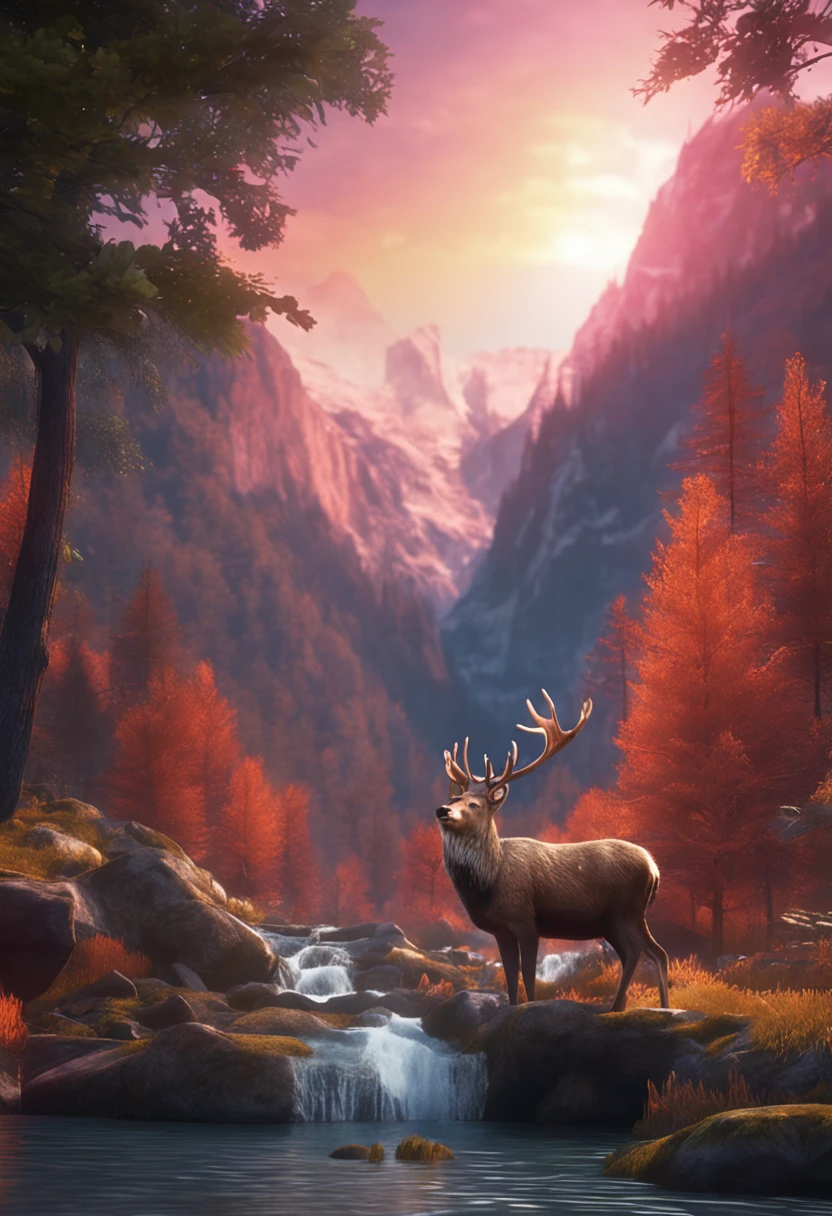 animation a deer drinking water from the river and a (bear watching it)