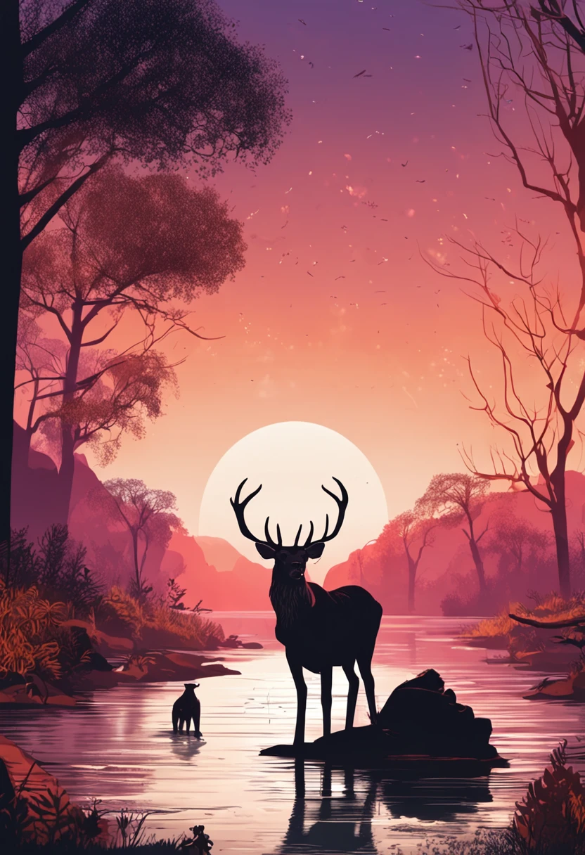 animation a deer drinking water from the river and a (bear watching it)