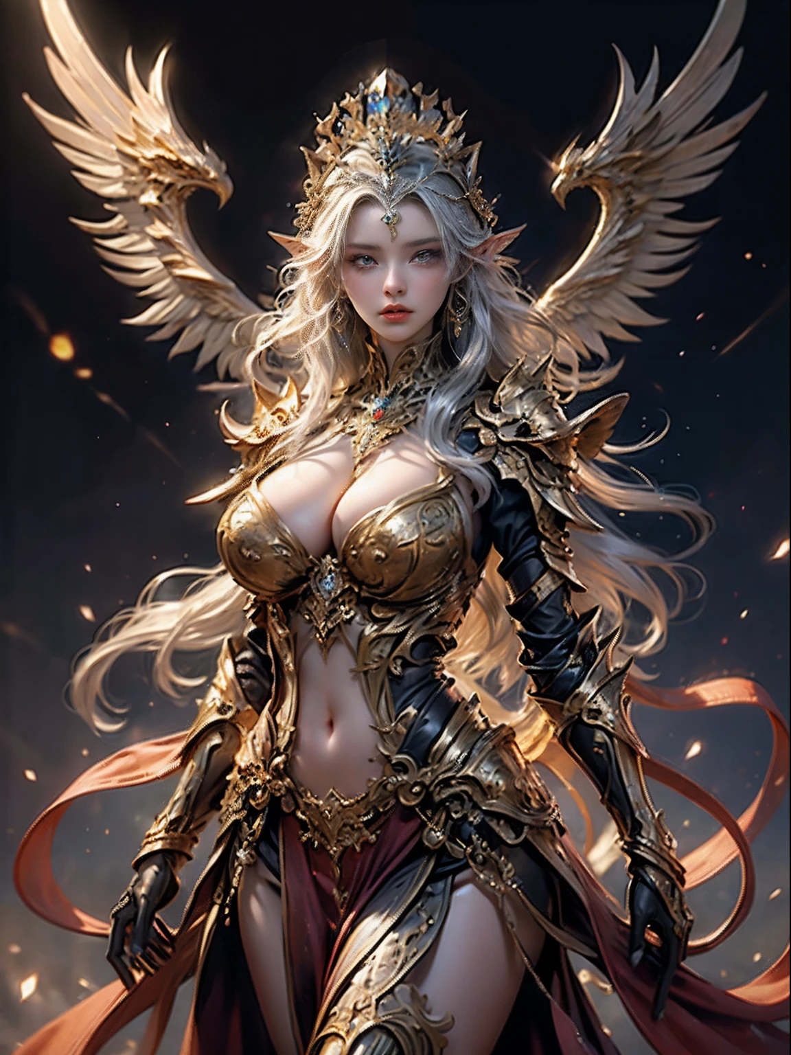 Elven Woman in a golden transparent dress,view the viewer,(((Huge breasts, Large cleavage))),Slim waist,(navel baring,Bare waist), Long hair, Ultra-detailed details,High-end Zhenyi station, Rainstorm site, detailed fantasy art, Stunning character art, Beautiful and exquisite character art, Beautiful gold and silver armor, Extremely detailed, Elven girl in shiny armor, Exquisite tiaras and jewelry,Crystal jewelry filigree, milky ways, Stunning visuals, (dynamic streaks, light tracks:1.2), Vibrant colors.