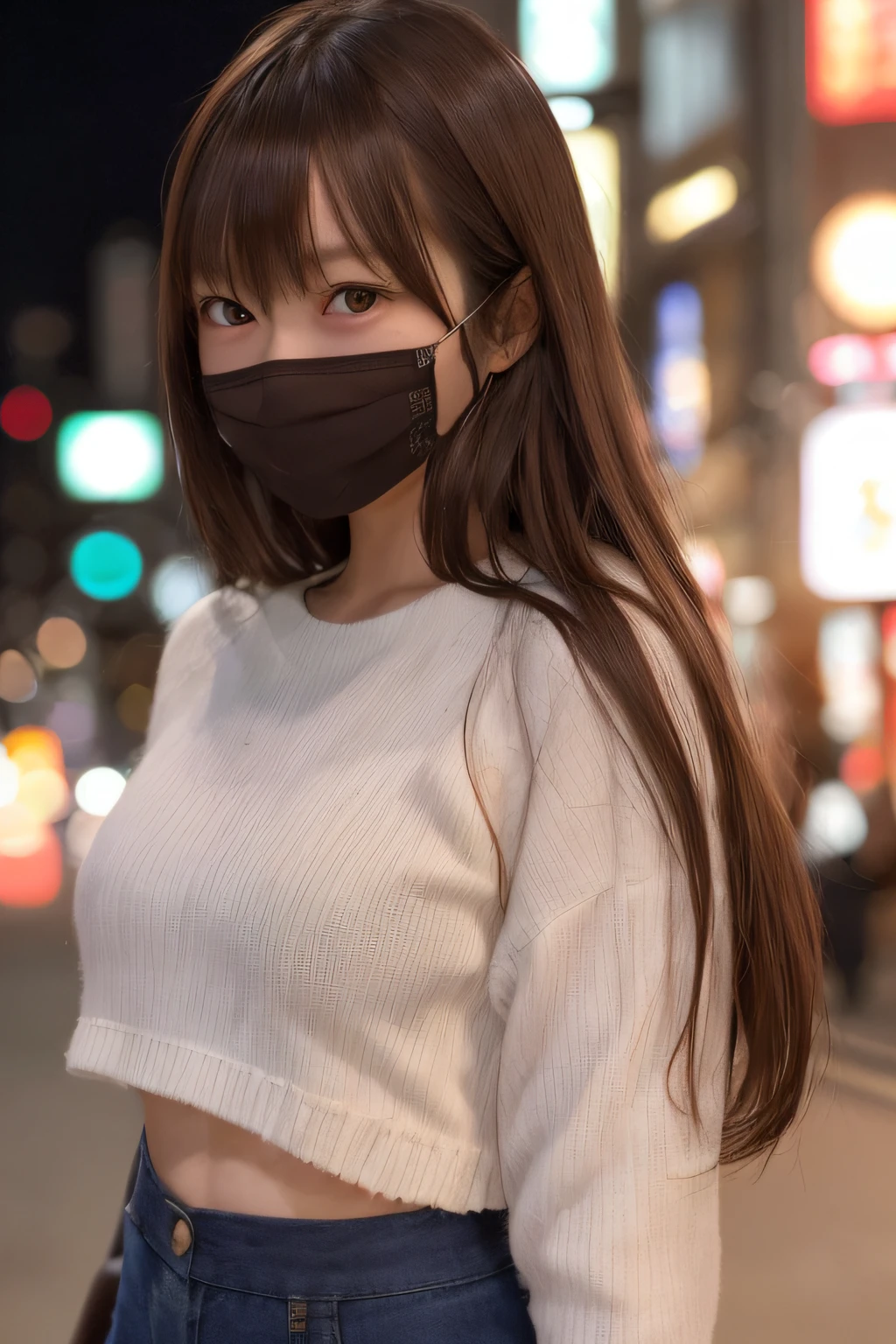 1girl, young female, photo, realistic, best quality, hires, detailed face, long hair, untied hair, detailed background, depth of field, Tokyo City, Asian Female, wearing face mask, brown hair, brown eyes, midriff, bangs, night time