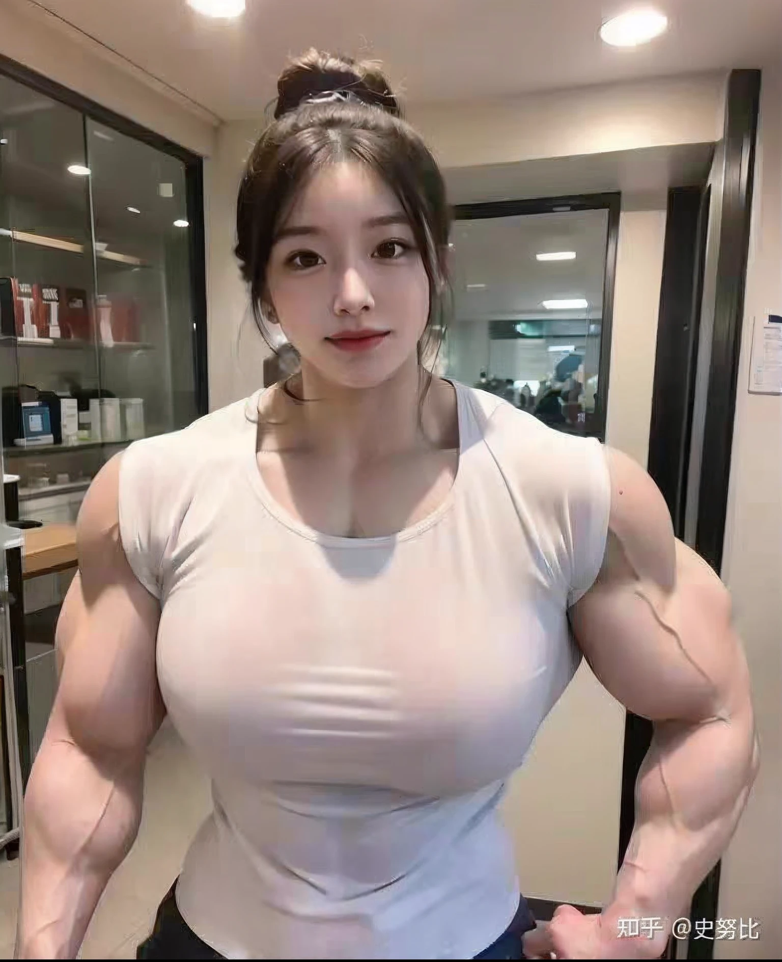 A close-up of a person with a very large body, Very beautiful. Big muscles, Big muscles, incredibly strong and tall, Huge muscles, huge muscle, powerful and huge, musculature, musculous, Large muscles, Muscular girl, absurdly muscular physique, strong and imposing, Very strong, big arms, musculous,Frightening, strong and muscular