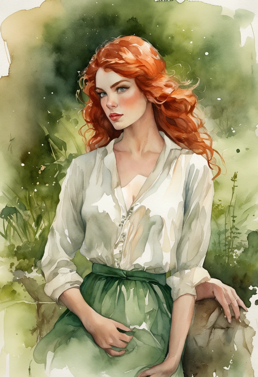 ((Best quality masterpiece)), ((highly detailed)), high resolution. Vintage watercolor of a beautiful woman, with red hair and green eyes, very similar to Milla Jovovich, with a green jumper, pin-up style, on the shore of an irrigation canal. Whole body image. inspired by graphic artist Magali Villeneuve, Monet, Charlie Bowater Artgeem, Tom Bagshaw, Darius Zawadzki and Tom Bagshaw