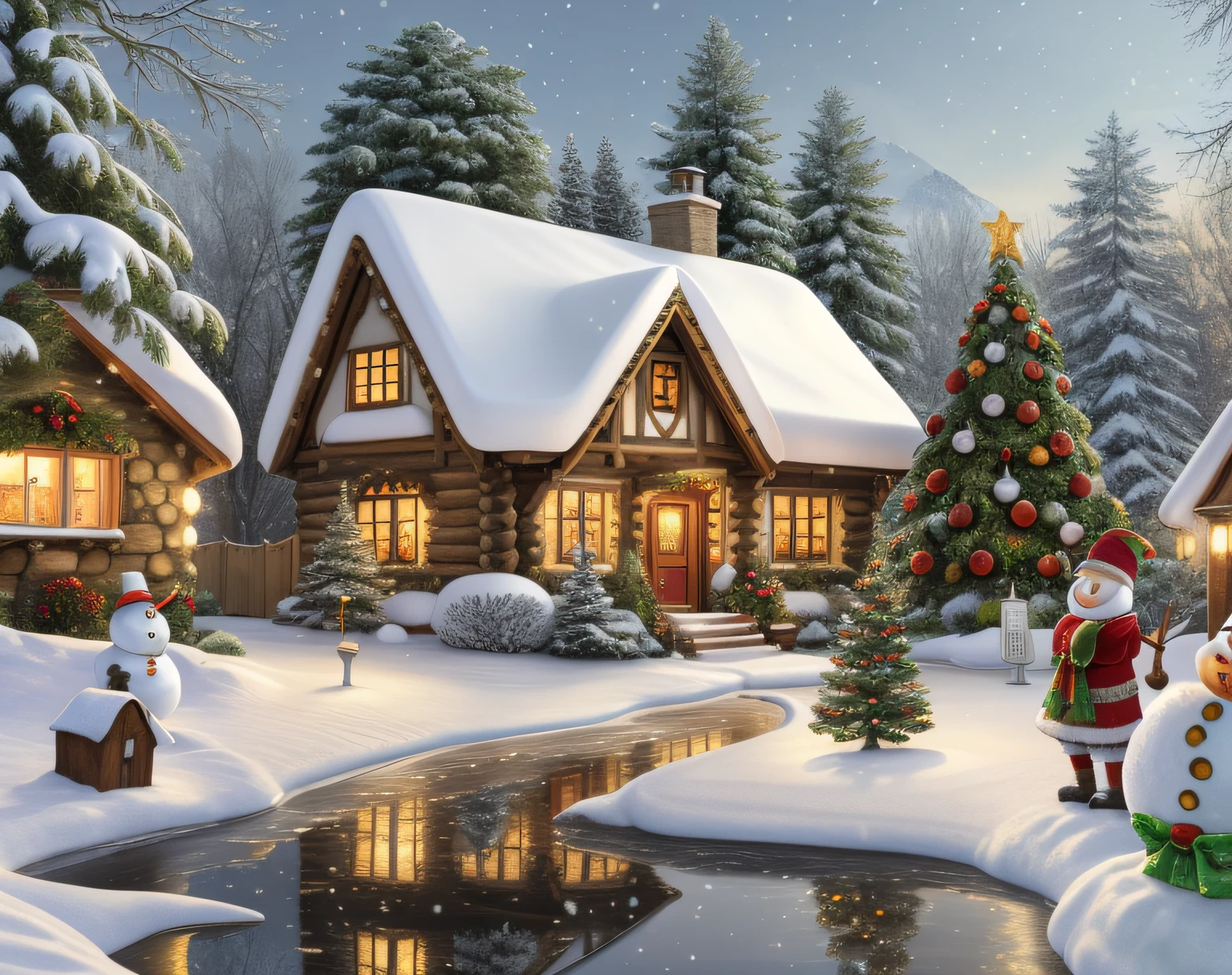 arafed house with a christmas tree and a snowman in the yard, winter scene fantasy, by senior artist, santa's workshop, cottage in the forest, cosy enchanted scene, elves house, flowery cottage, idyllic cottage, cottage, snowy winter christmas night, magical village, cottage town, beautiful artist rendering, !!beautiful!!, house in forest, tomas kinkade