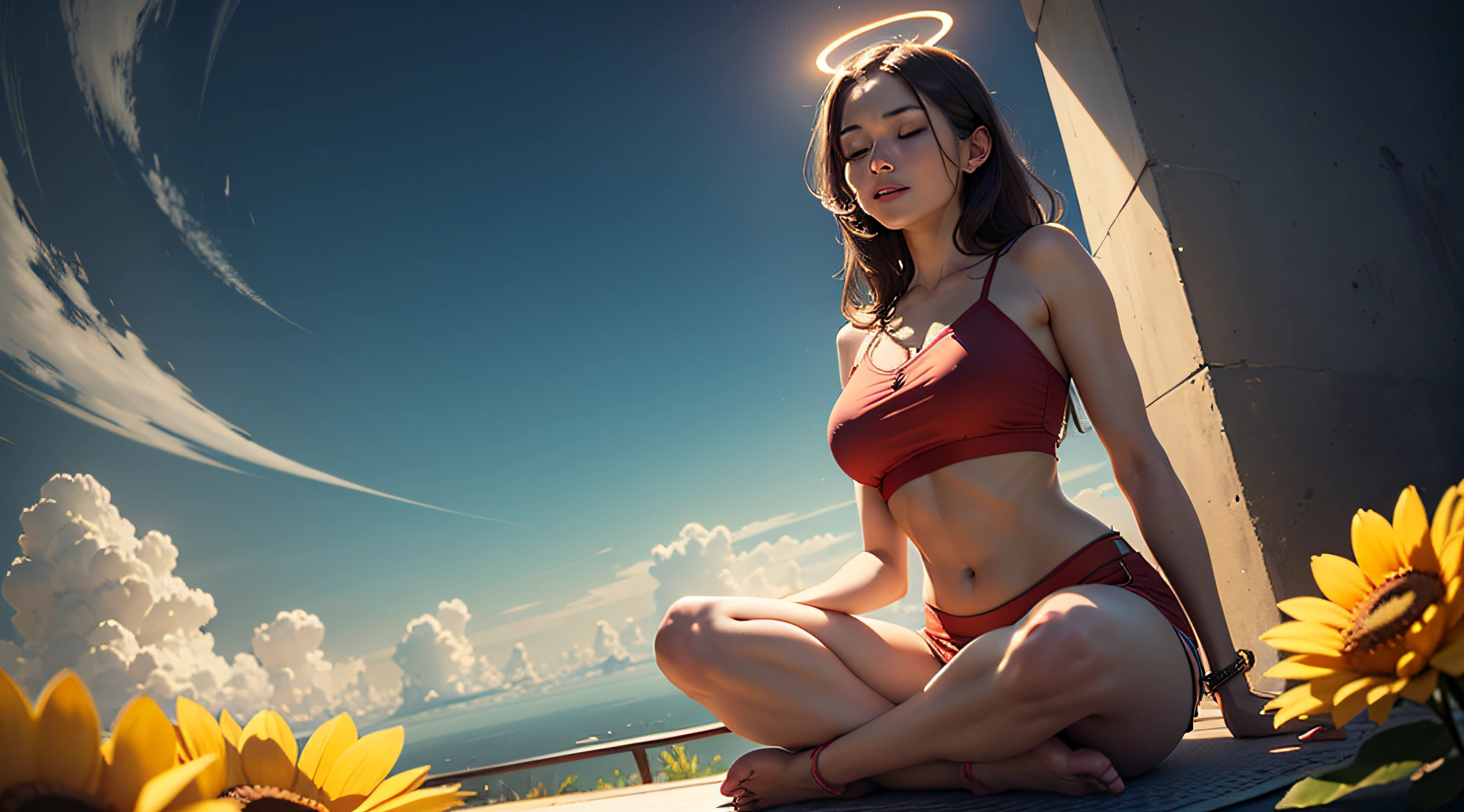 Surrounded by a golden circular halo, Woman sitting cross-legged on a huge golden lotus flower meditating in meditation, Frontal image of the vista, clouds, lifelike texture, happy laughing, (extremely detailed CG unity 16k wallpaper:1.1), ((ultra-detailed)), cinematic angle, beautifully detailed sky, cinematic lighting, (bloom), drop shadow, panorama, wide shot, (((best quality))), (((masterpiece)))