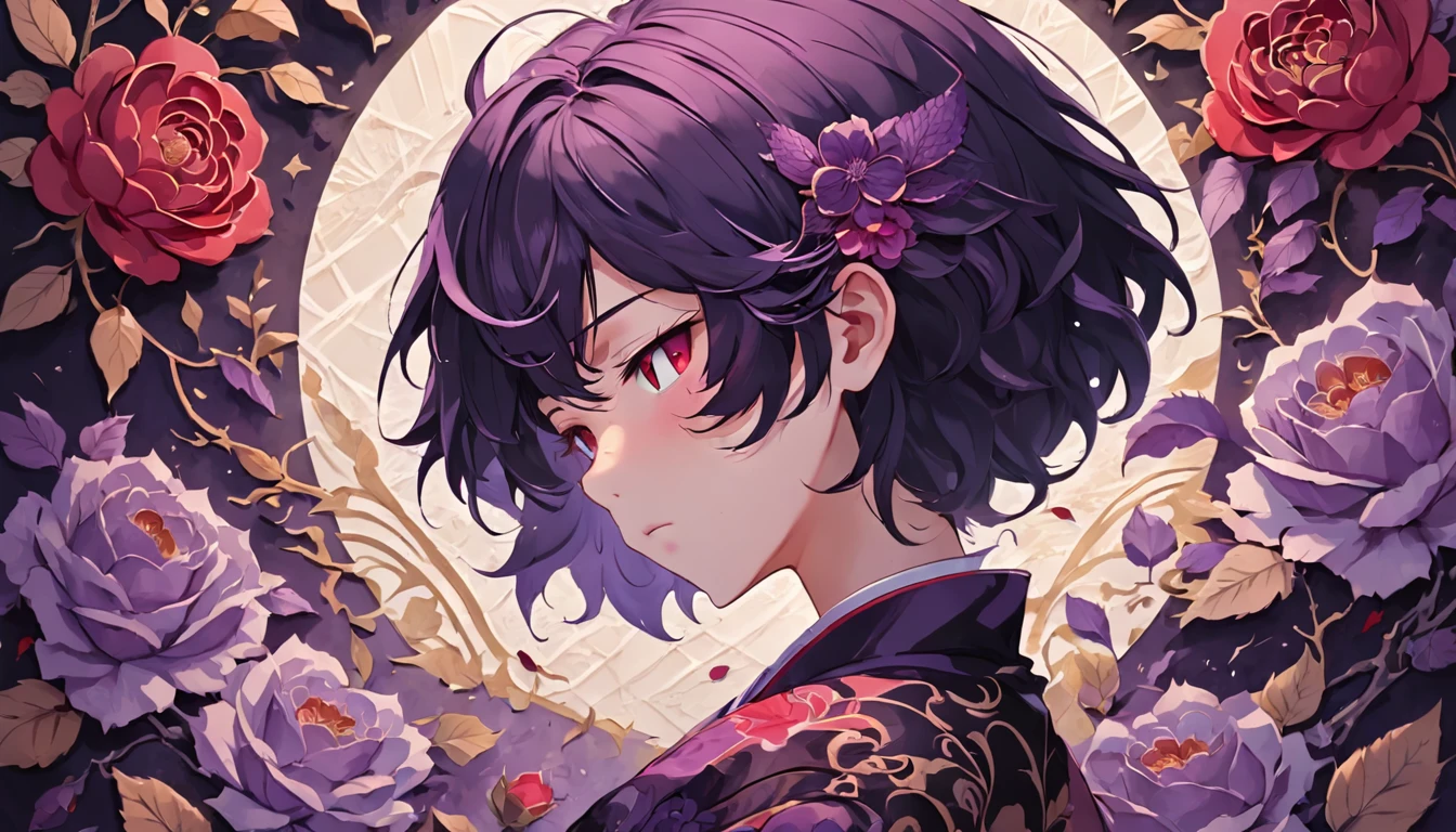 (Red-purple roses background:1.4), (Silhouette of a boy's head, Eyes closed, purple-black colored hair, apple, Oriental elements)，(Chinese illustration:1.3，paper art:1.3, Quilted paper art:1.2),( reasonable design, Clear lines, High sharpness,Best quality, Very detailed, Masterpiece, movie light effect, 4K )