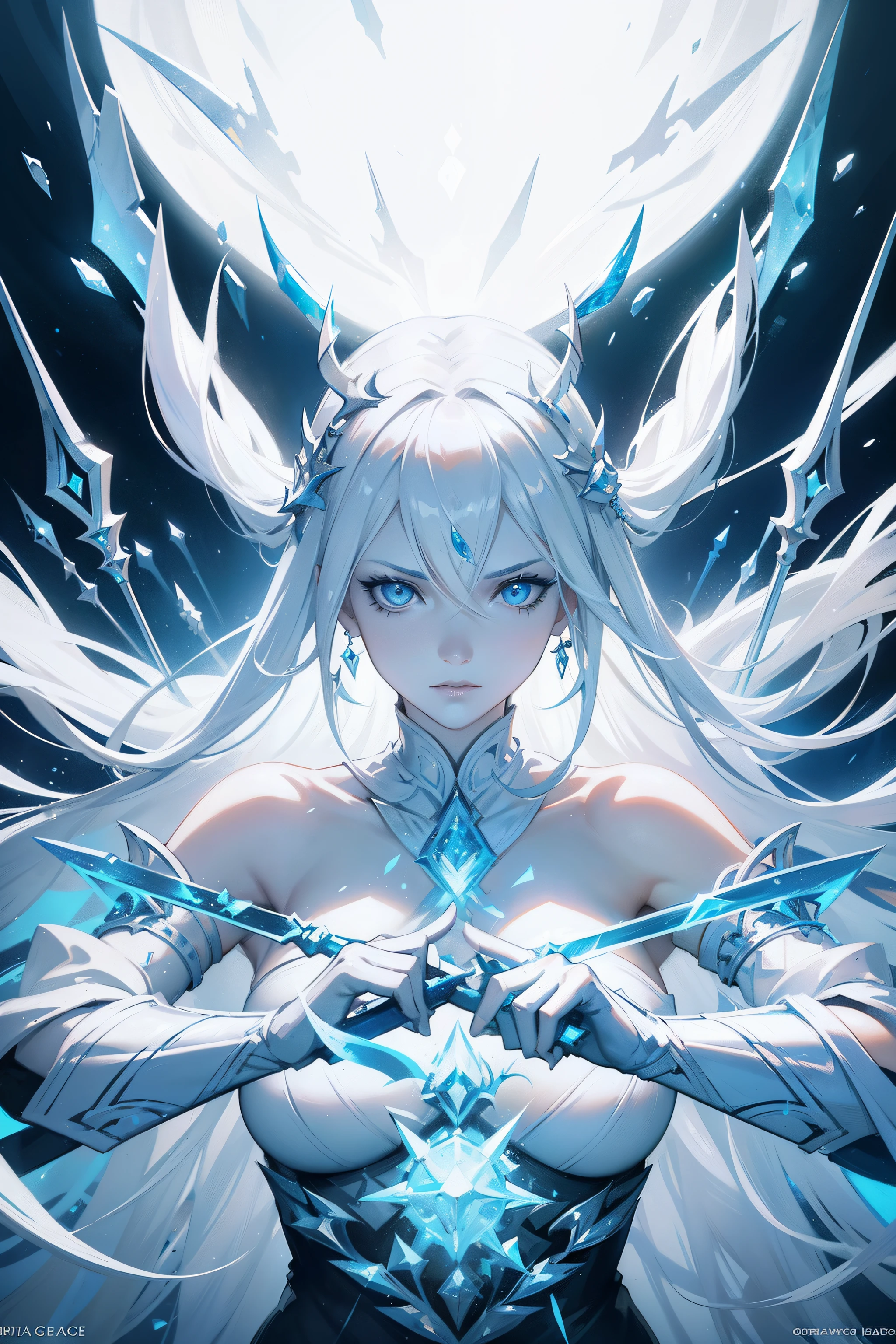 an ice goddess with white hair, 6 spears made of ice floating around her poiting towards the camera, these spears are her weapons, she's controlling them with her powers, nice perfect face with soft skinice perfect face, concept art portrait by greg rutkowski, artgerm, hyperdetailed intricately detailed gothjic art, whole body photography