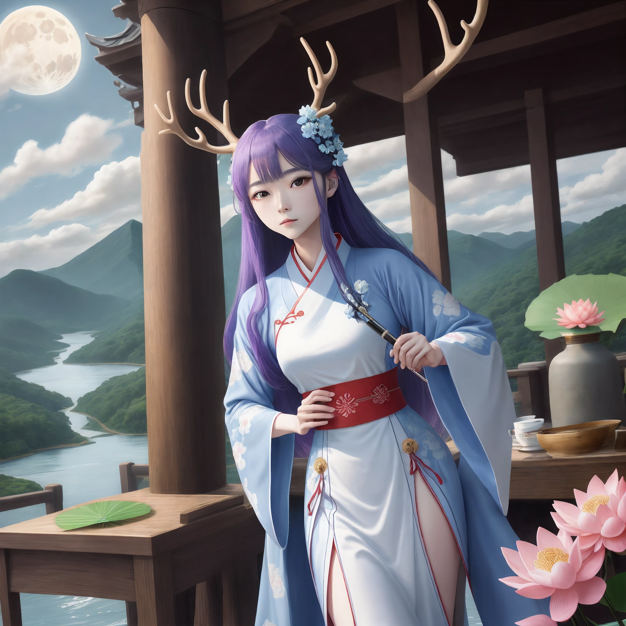 Hanfu、long whitr hair、red colour、folding fan、peach blossom、dances、chinaware、Clouds、mountain water、clube、zither、lotus flower、silkouette、purpleish color、vanity table、Lotus leaf、umbrellas、Water sleeves、paper cut out、butterflys、Matsuru、Tang suit、Blue and white porcelain、deer antlers、themoon、stage