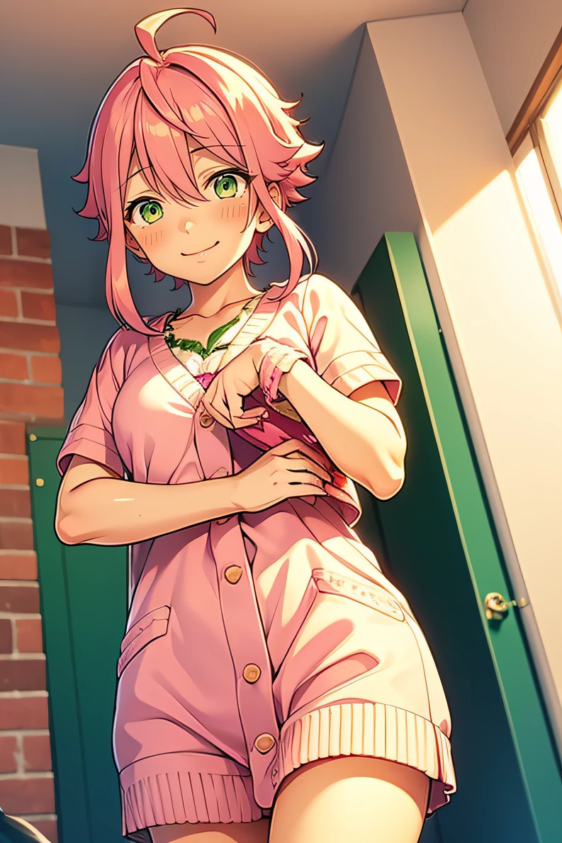 green eyes, happy smile. pink hair, tori himemiya, pretty girl, pink hair, green eyes, pretty, lying on bed, cute clothes, cute girl, sweet, kawaii, pink core, pink, hugging plush, plushie, young girl, solo girl, hentai, r34, cute girl, girl sex