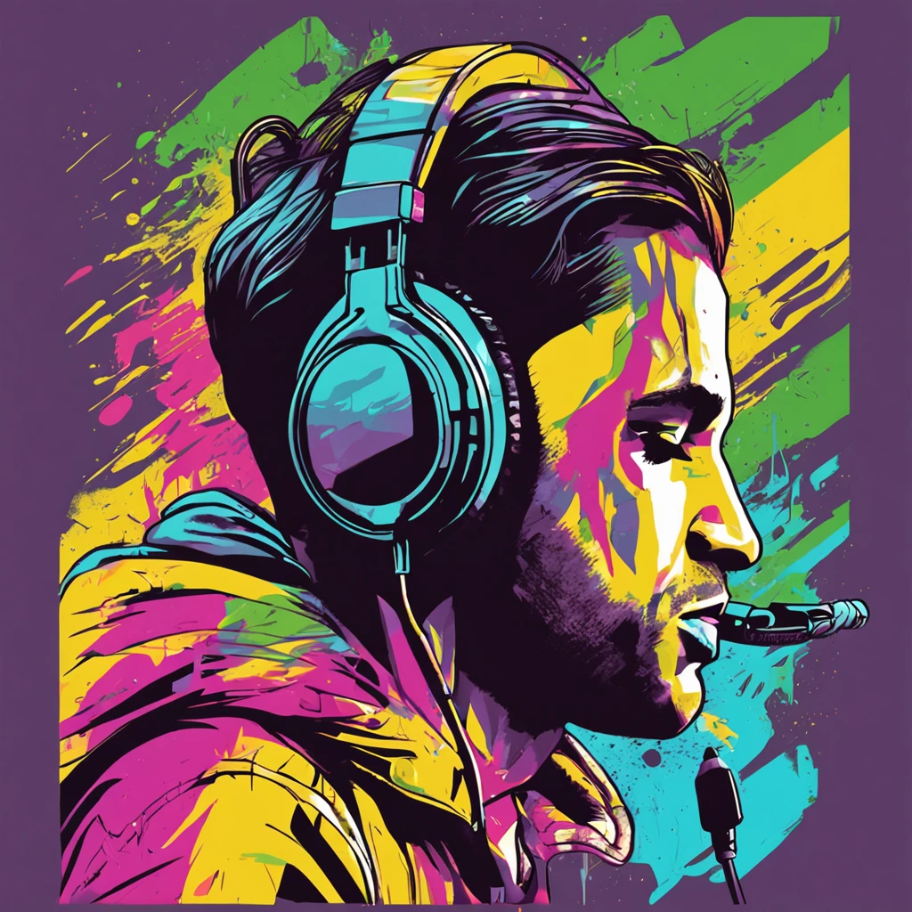 Ready-to-print vector T-shirt art Colorful graffiti illustration of a silhouette of a boy with headphones listening to music, Christian, Catholic elements, cor vibrante, Very high detail