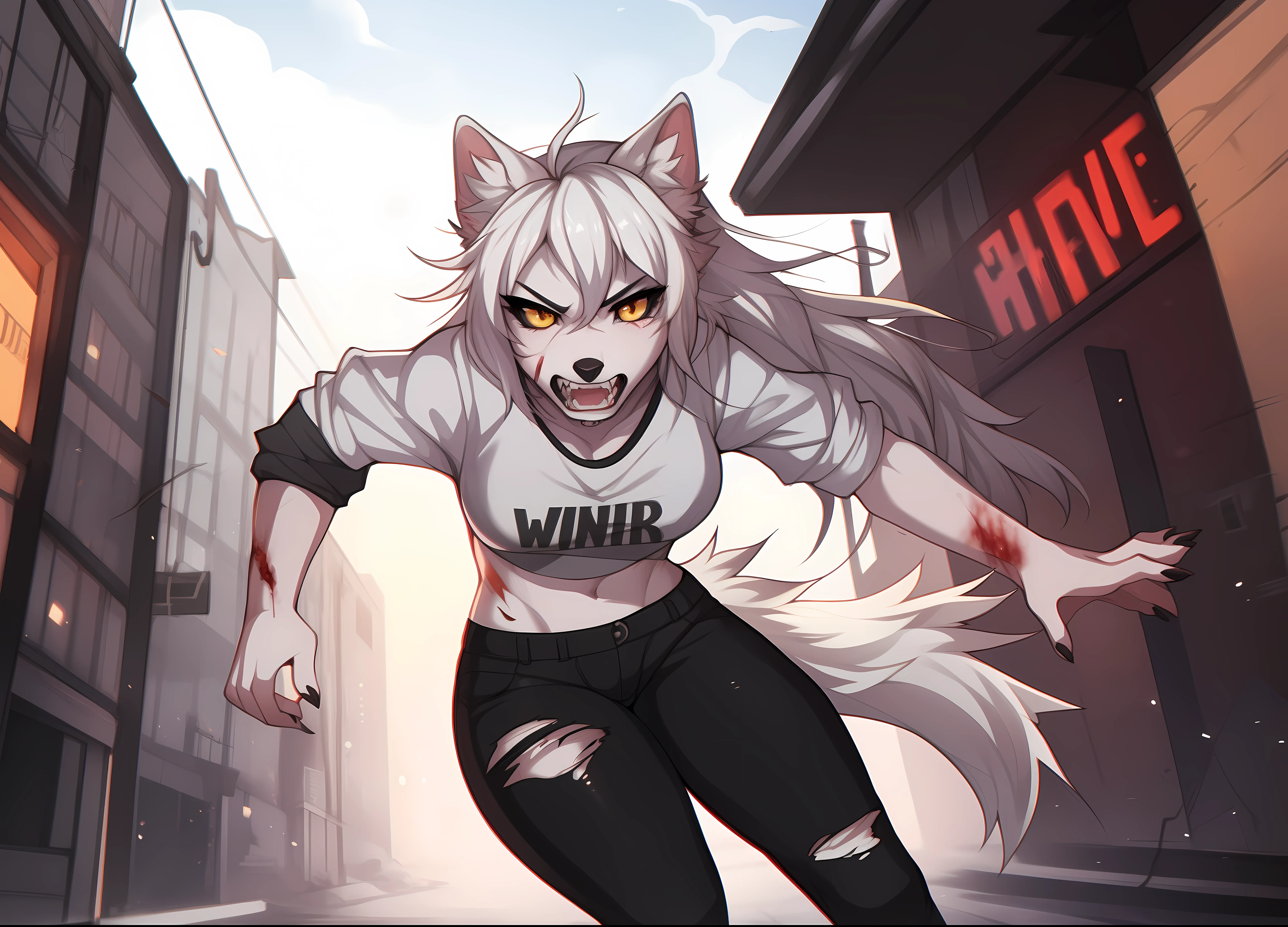 a female white wolf, long white hair, black nose, cute snout, white wolf tail, white fluffy ears, one ear torn off, missing an ear, wearing ripped white shirt, ripped black pants, bloody clothes, yellow eyes, black_sclera:1.1, angry, snarling, baring teeth, by hyattlen, by claweddrip, by fumiko, high quality, zombie:1.2 rotting flesh, zombie features, sharp bloody canine teeth, wounds, running towards viewers, zombies in background, apocalyptic city